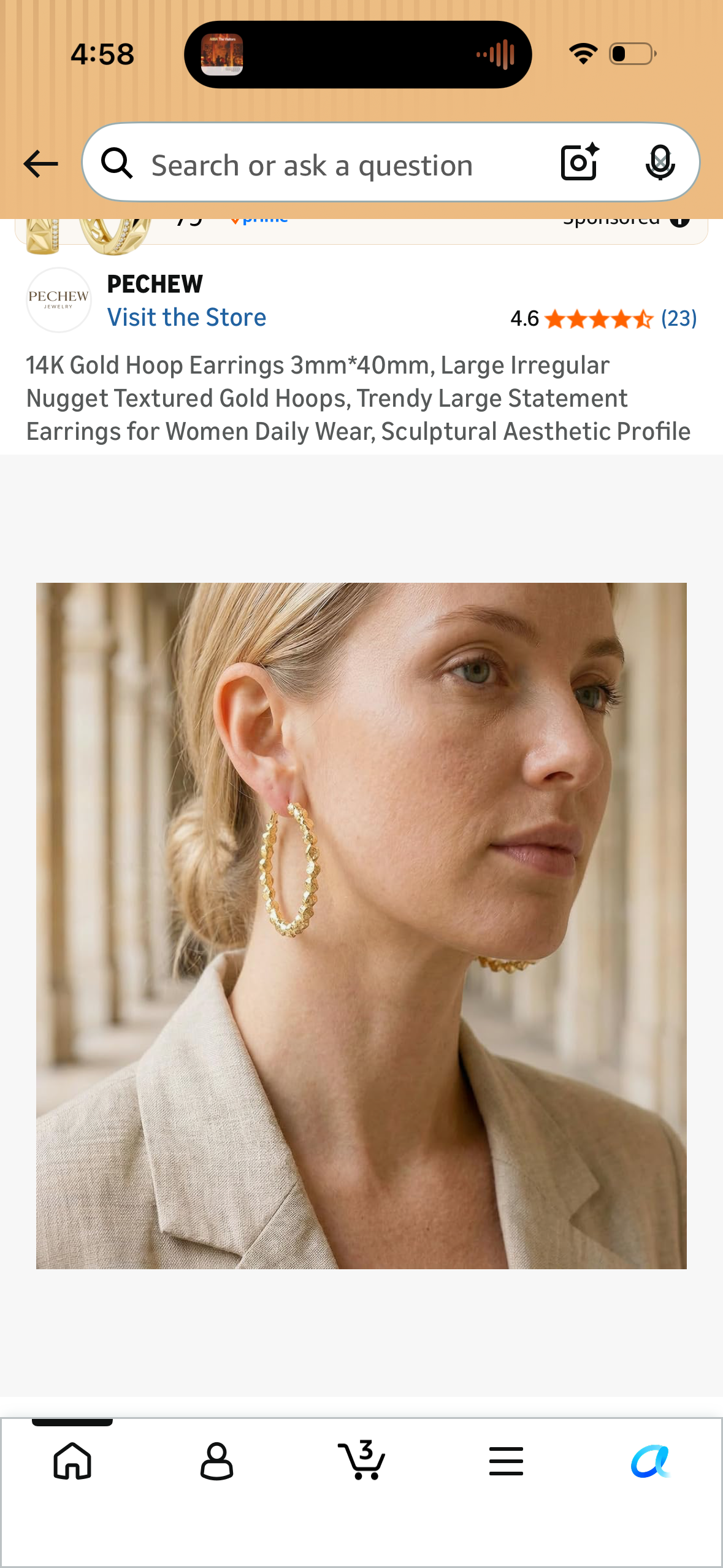 14K Gold Hoop Earrings 3mm*40mm, Large Irregular Nugget Textured Gold Hoops, Trendy Large Statement Earrings for Women Daily Wear, Sculptural Aesthetic Profile