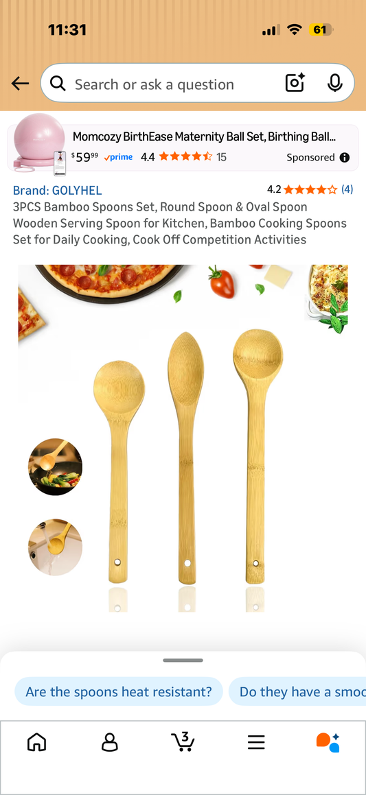 3PCS Bamboo Spoons Set, Round Spoon & Oval Spoon Wooden Serving Spoon for Kitchen, Bamboo Cooking Spoons Set for Daily Cooking, Cook Off Competition Activities