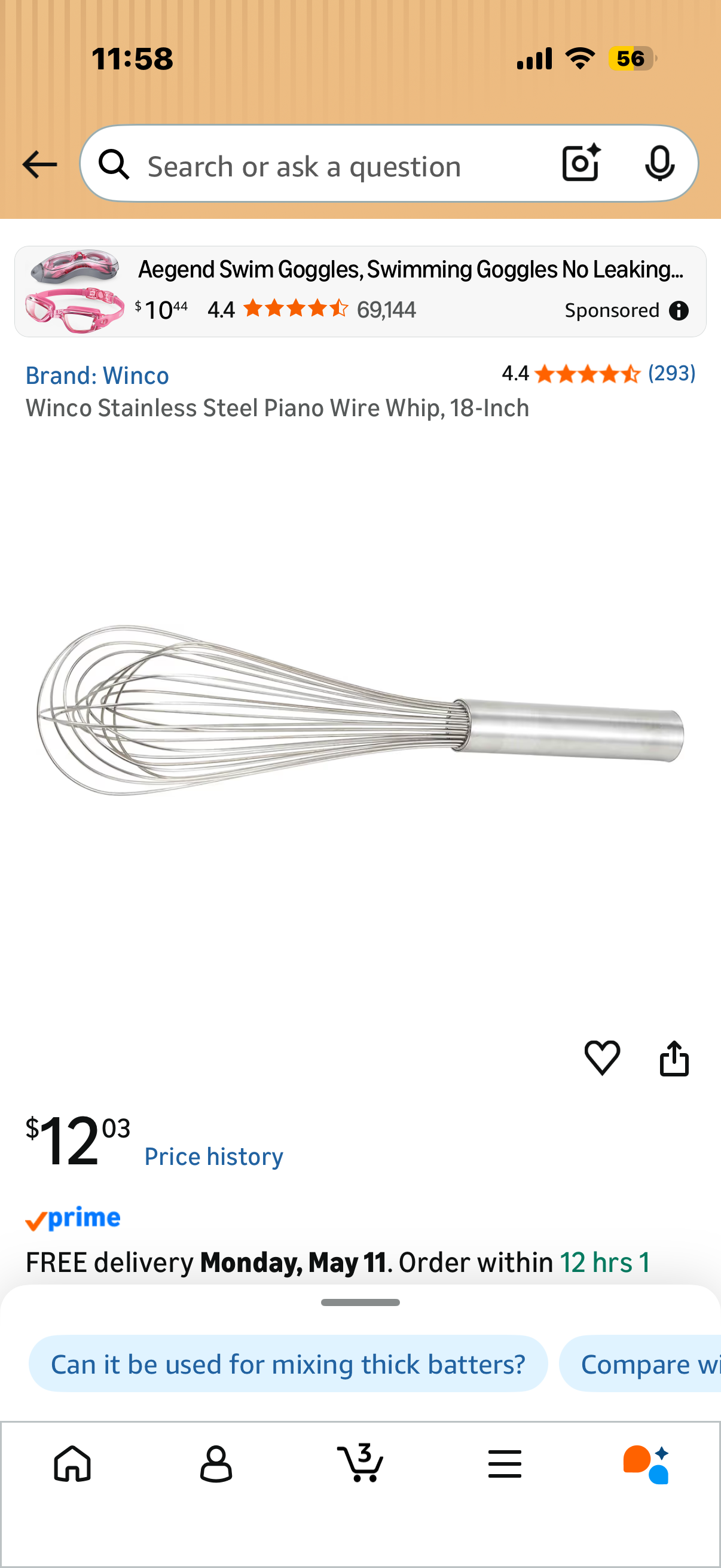 Winco Stainless Steel Piano Wire Whip, 18-Inch