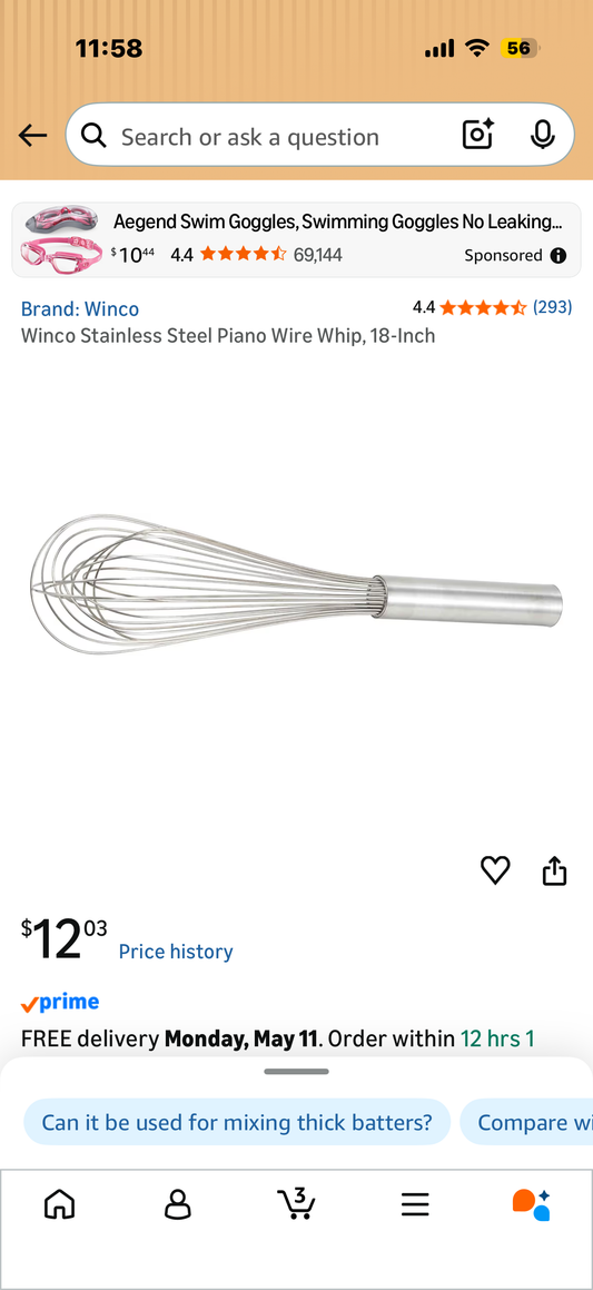 Winco Stainless Steel Piano Wire Whip, 18-Inch