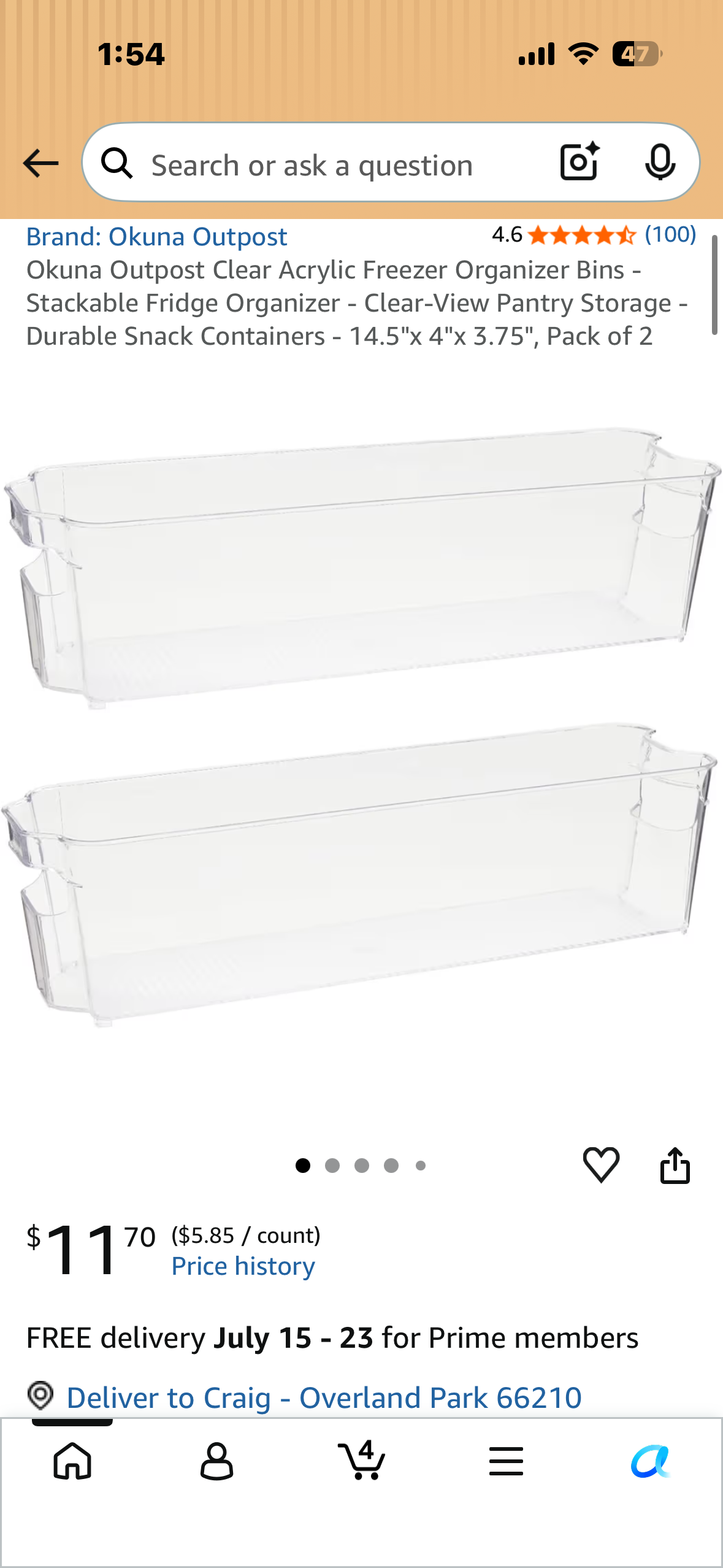 Okuna Outpost Clear Acrylic Freezer Organizer Bins - Stackable Fridge Organizer - Clear-View Pantry Storage - Durable Snack Containers - 14.5"x 4"x 3.75", Pack of 2