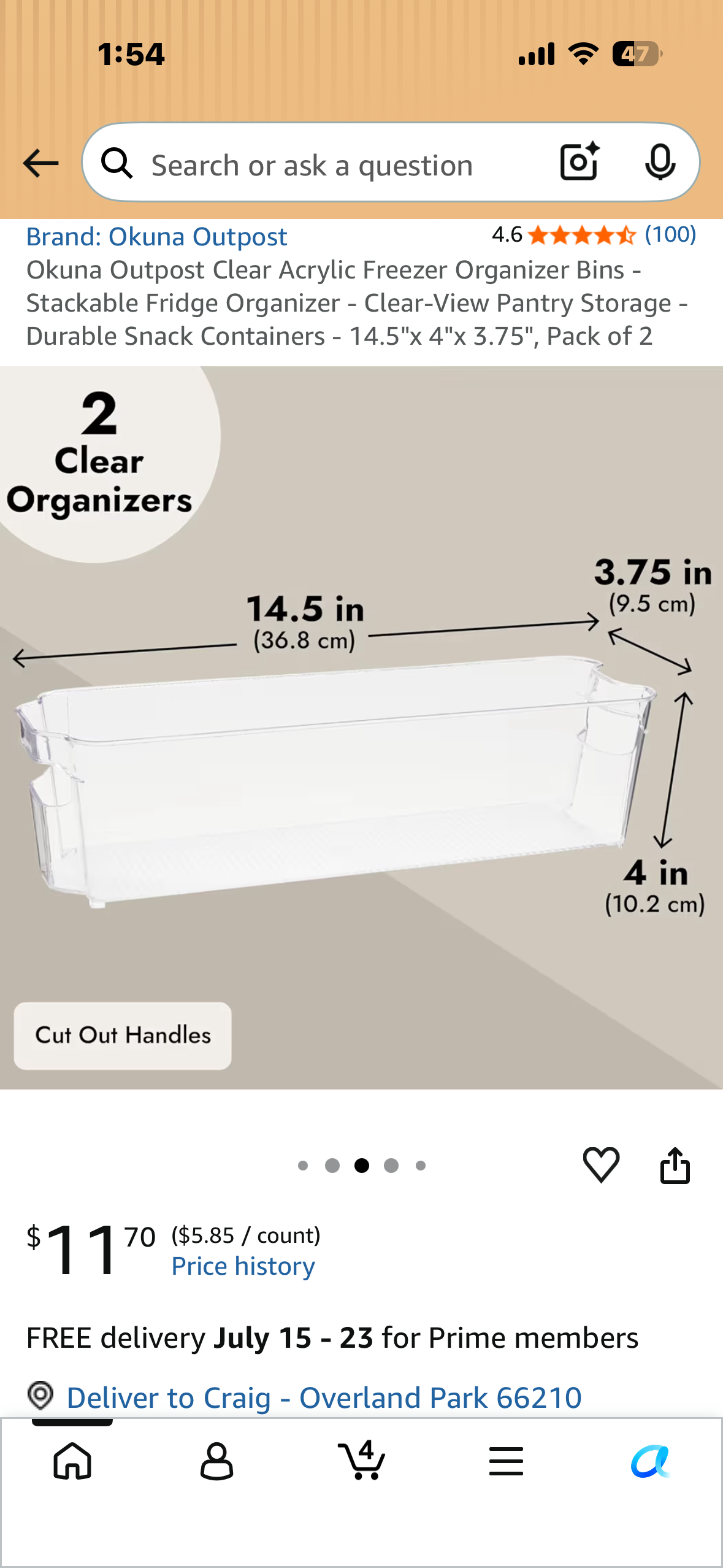 Okuna Outpost Clear Acrylic Freezer Organizer Bins - Stackable Fridge Organizer - Clear-View Pantry Storage - Durable Snack Containers - 14.5"x 4"x 3.75", Pack of 2
