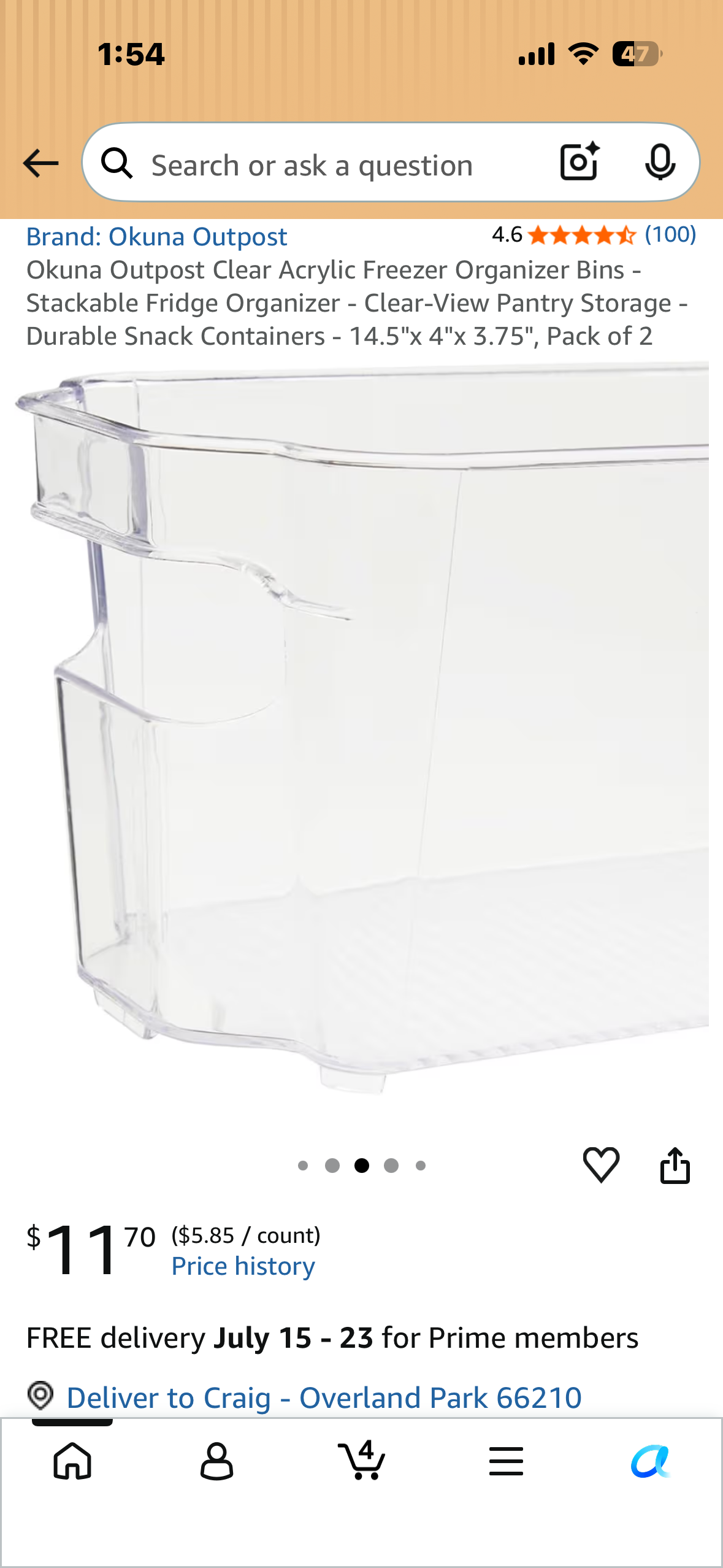 Okuna Outpost Clear Acrylic Freezer Organizer Bins - Stackable Fridge Organizer - Clear-View Pantry Storage - Durable Snack Containers - 14.5"x 4"x 3.75", Pack of 2