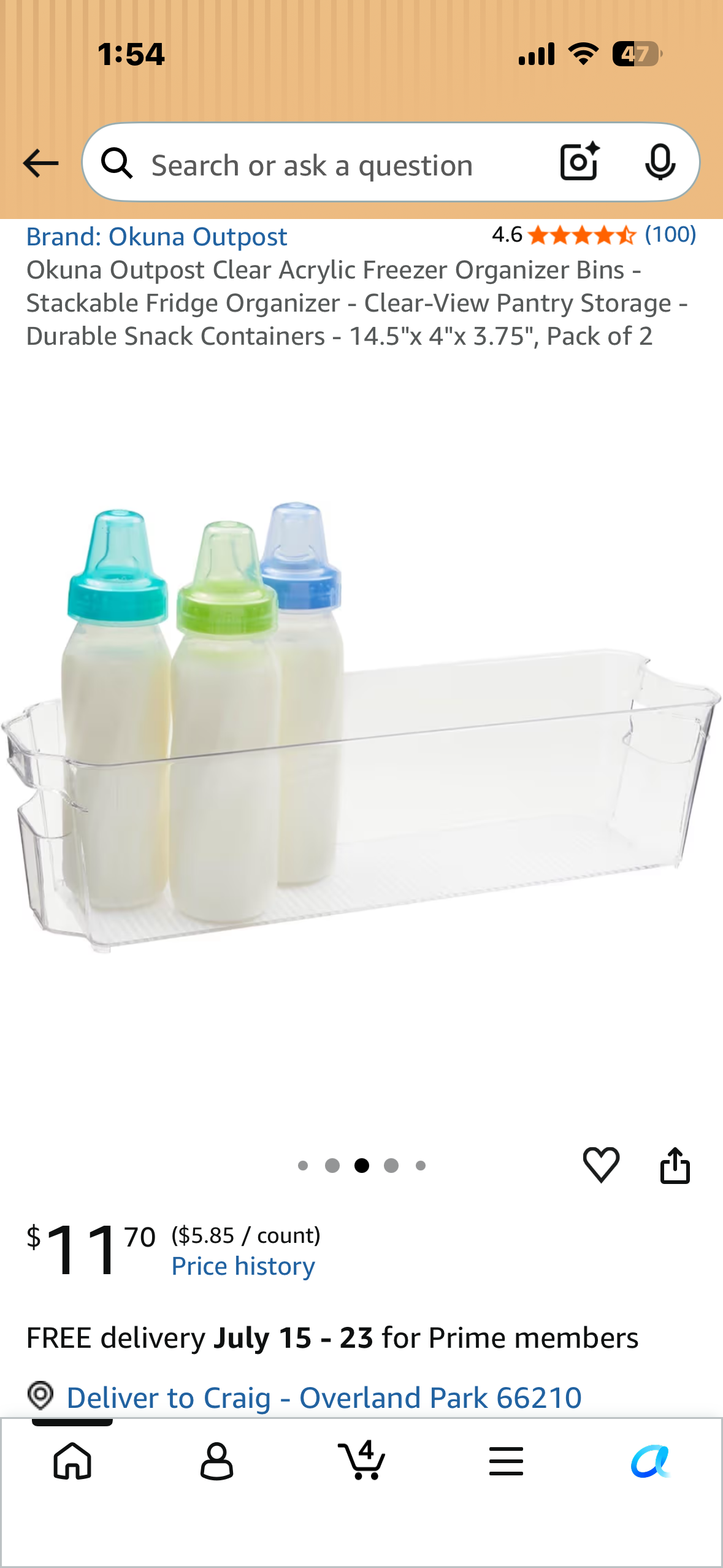 Okuna Outpost Clear Acrylic Freezer Organizer Bins - Stackable Fridge Organizer - Clear-View Pantry Storage - Durable Snack Containers - 14.5"x 4"x 3.75", Pack of 2