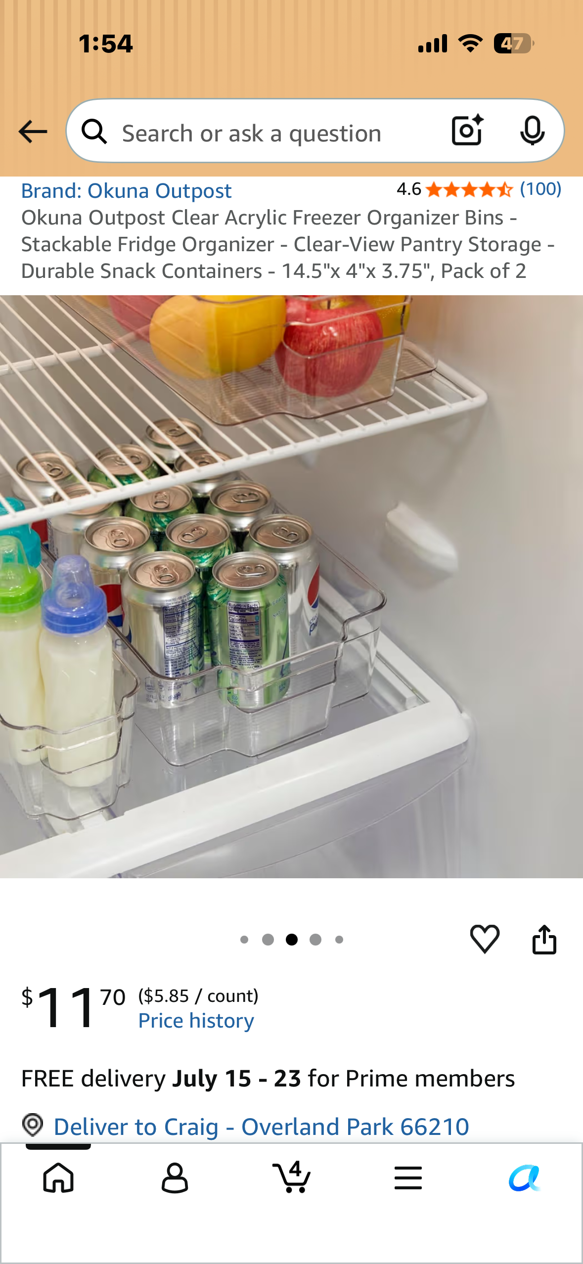 Okuna Outpost Clear Acrylic Freezer Organizer Bins - Stackable Fridge Organizer - Clear-View Pantry Storage - Durable Snack Containers - 14.5"x 4"x 3.75", Pack of 2