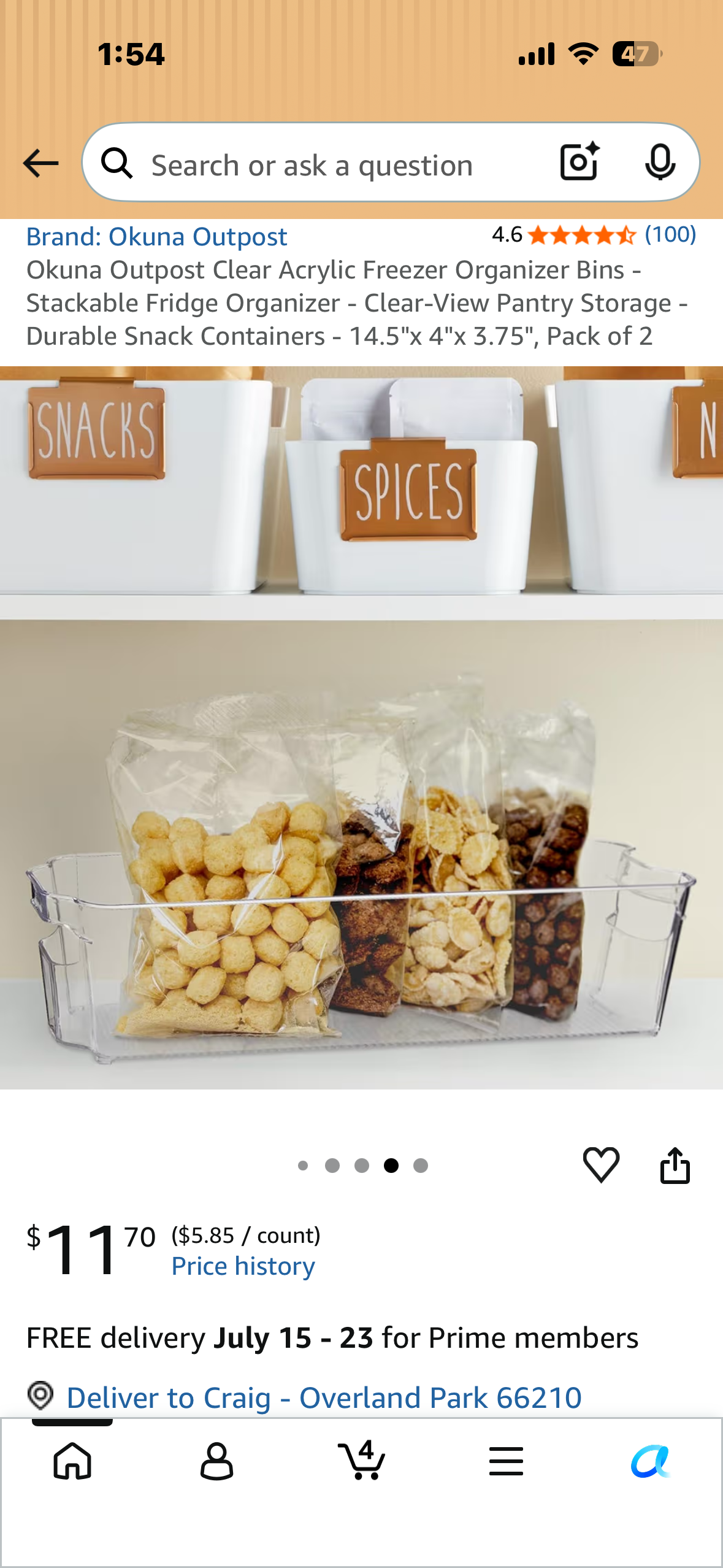 Okuna Outpost Clear Acrylic Freezer Organizer Bins - Stackable Fridge Organizer - Clear-View Pantry Storage - Durable Snack Containers - 14.5"x 4"x 3.75", Pack of 2
