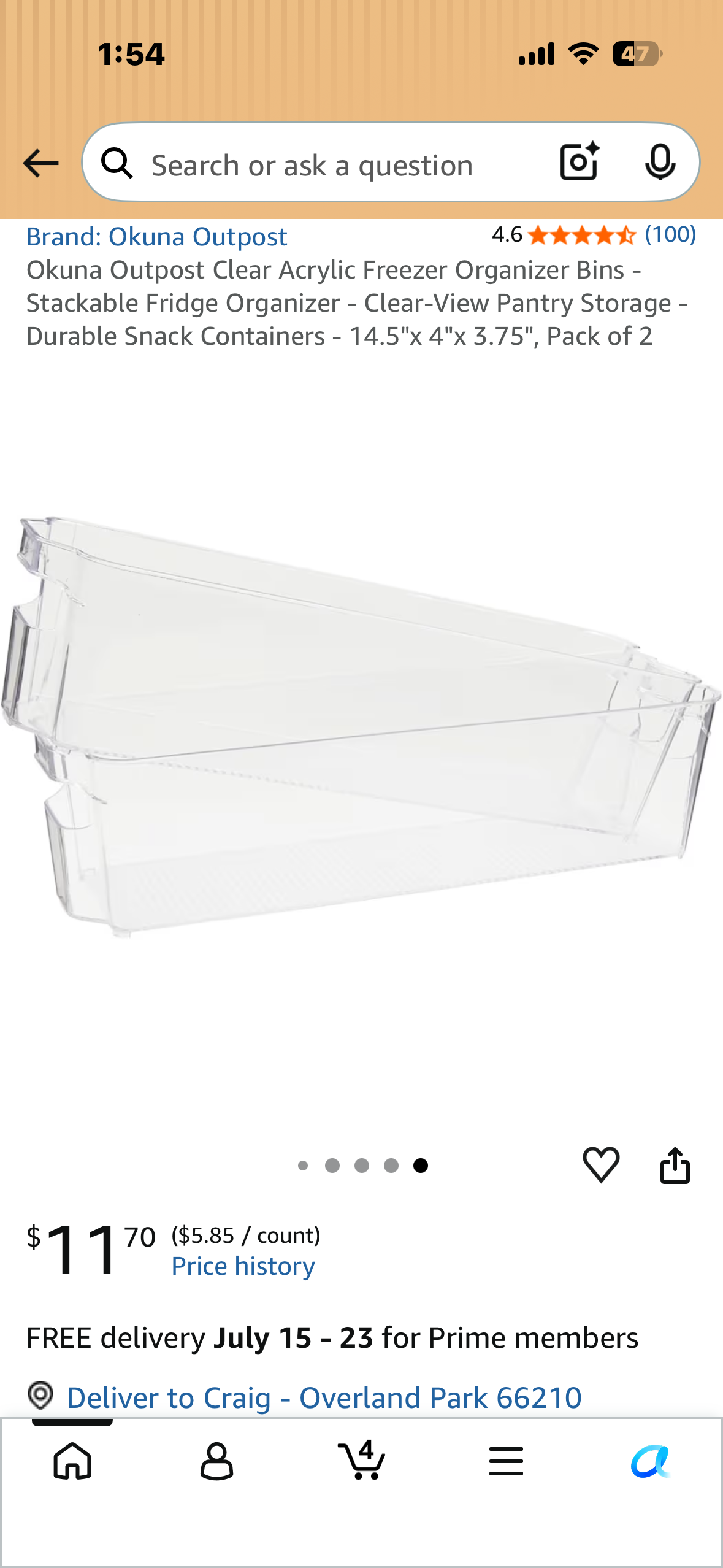 Okuna Outpost Clear Acrylic Freezer Organizer Bins - Stackable Fridge Organizer - Clear-View Pantry Storage - Durable Snack Containers - 14.5"x 4"x 3.75", Pack of 2