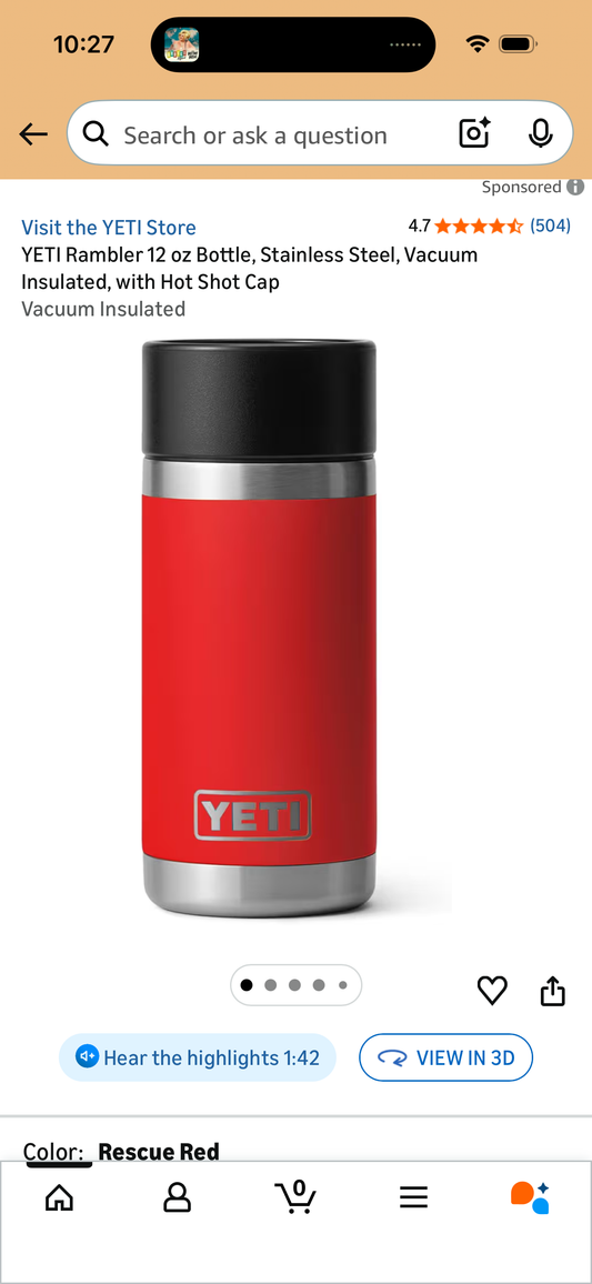YETI Rambler 12 oz Bottle, Stainless Steel, Vacuum Insulated, with Hot Shot Cap
