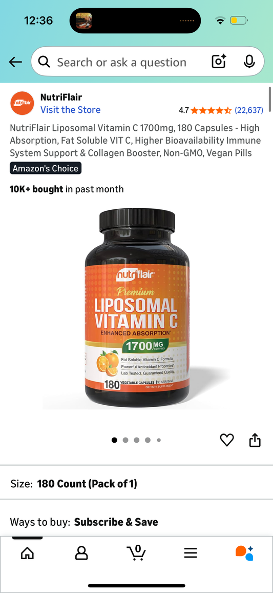 NutriFlair Liposomal Vitamin C 1700mg, 180 Capsules - High Absorption, Fat Soluble VIT C, Higher Bioavailability Immune System Support & Collagen Booster, Non-GMO, Vegan Pills