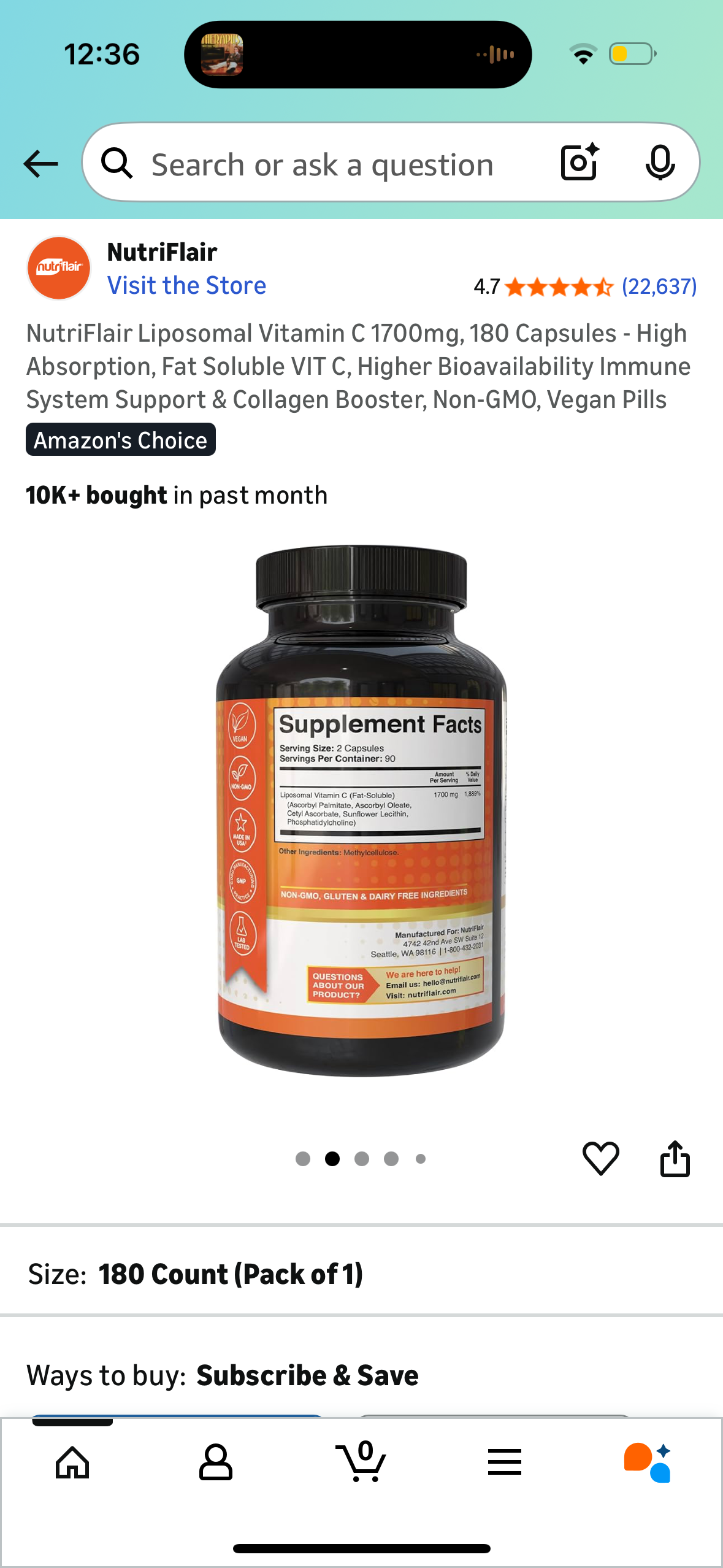 NutriFlair Liposomal Vitamin C 1700mg, 180 Capsules - High Absorption, Fat Soluble VIT C, Higher Bioavailability Immune System Support & Collagen Booster, Non-GMO, Vegan Pills