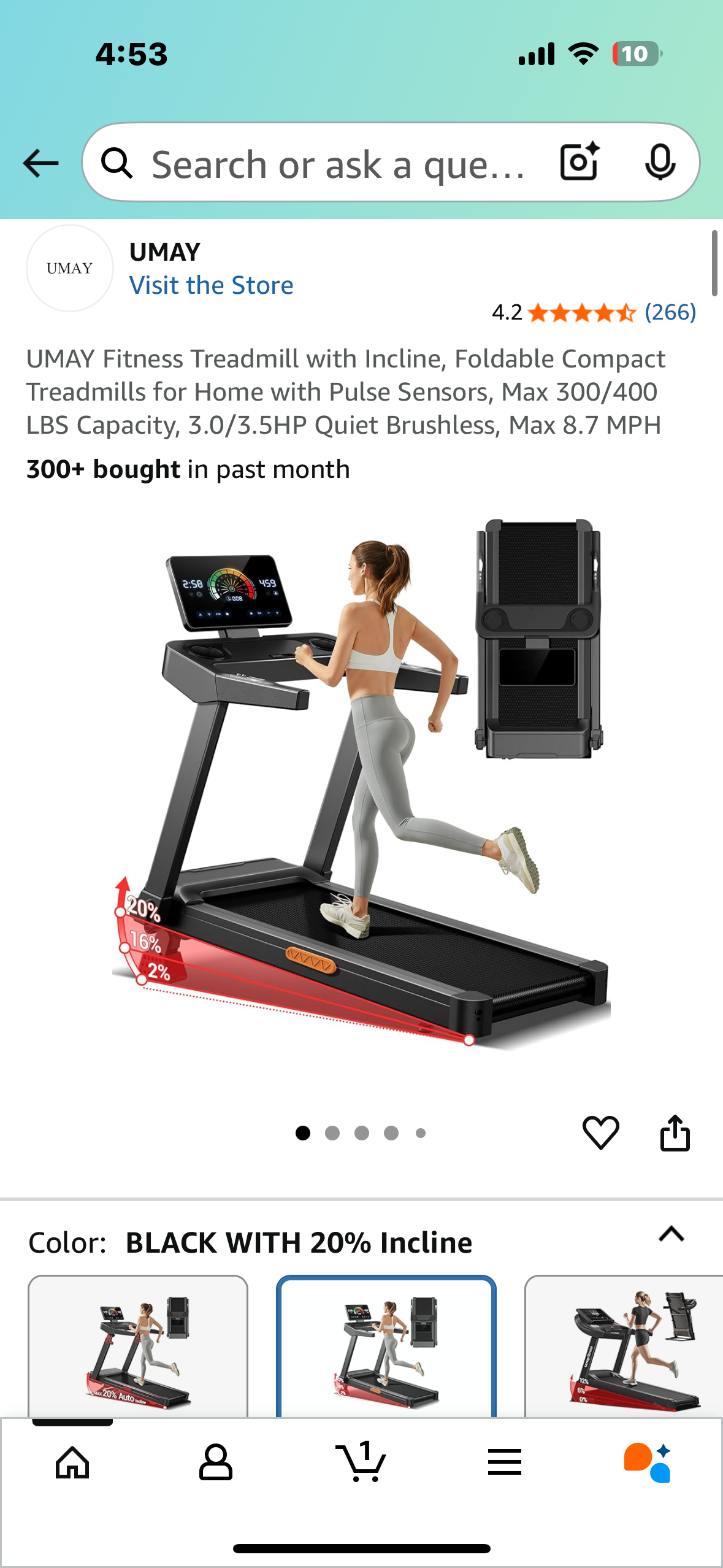 UMAY Fitness Treadmill with Incline, Foldable Compact Treadmill for Home with Pulse Sensors, Max 300/400 LBS Capacity, 3.0/3.5HP Quiet Brushless, Max 8.7 MPH (W514)