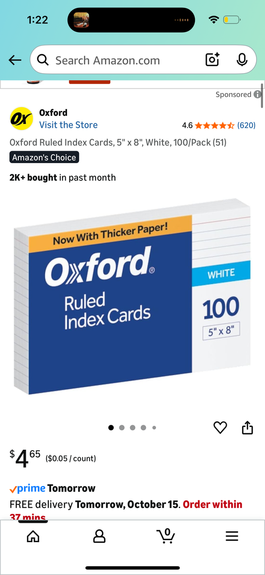 Oxford Ruled Index Cards, 5" x 8", White, 100/Pack