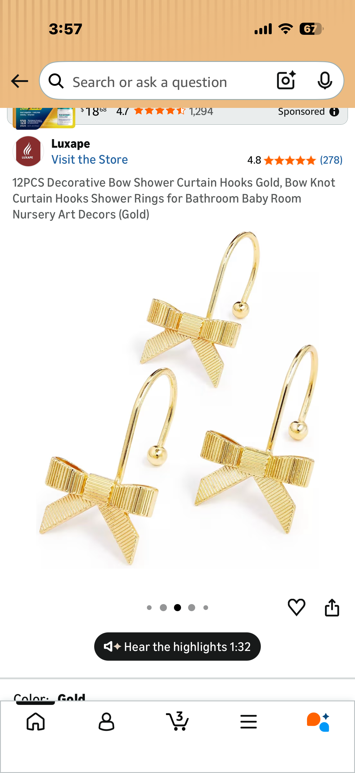 12PCS Decorative Bow Shower Curtain Hooks Gold, Bow Knot Curtain Hooks Shower Rings for Bathroom Baby Room Nursery Art Decors (Gold)