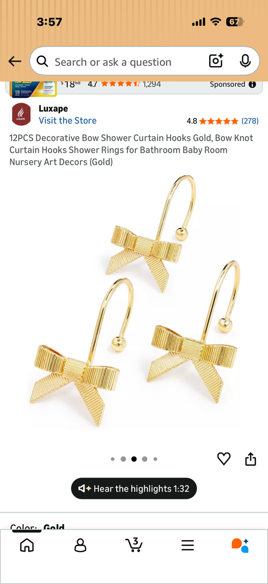 12PCS Decorative Bow Shower Curtain Hooks Gold, Bow Knot Curtain Hooks Shower Rings for Bathroom Baby Room Nursery Art Decors (Gold)