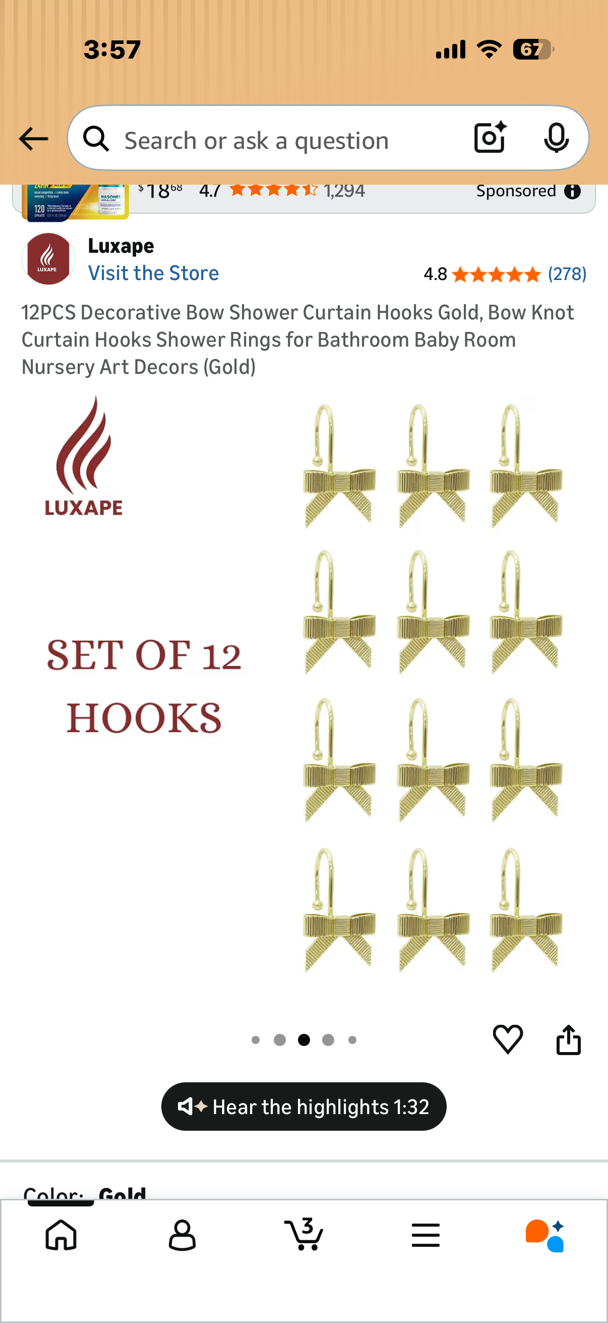12PCS Decorative Bow Shower Curtain Hooks Gold, Bow Knot Curtain Hooks Shower Rings for Bathroom Baby Room Nursery Art Decors (Gold)