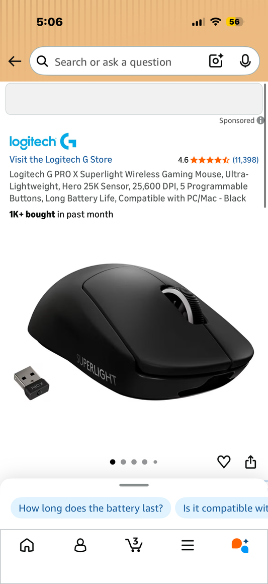Logitech G PRO X Superlight Wireless Gaming Mouse, Ultra-Lightweight, Hero 25K Sensor, 25,600 DPI, 5 Programmable Buttons, Long Battery Life, Compatible with PC/Mac - Black
