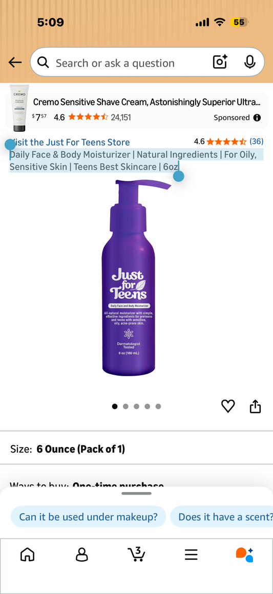 Daily Face & Body Moisturizer | Natural Ingredients | For Oily, Sensitive Skin | Teens Best Skincare | 6oz