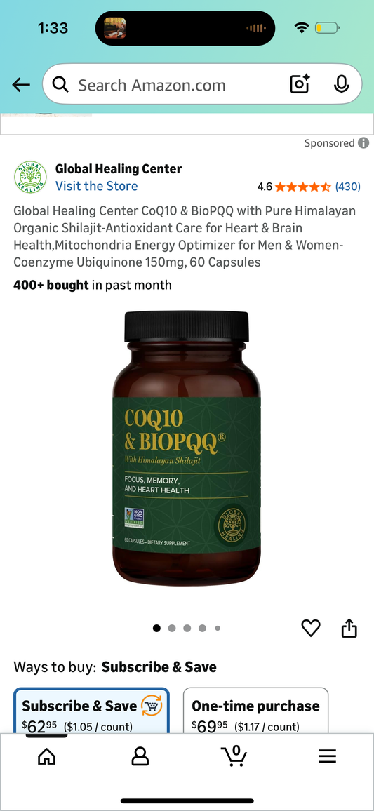 Global Healing Center CoQ10 & BioPQQ with Pure Himalayan Organic Shilajit-Antioxidant Care for Heart & Brain Health, Mitochondria Energy Optimizer for Men & Women-Coenzyme Ubiquinone 150mg, 60 Capsules