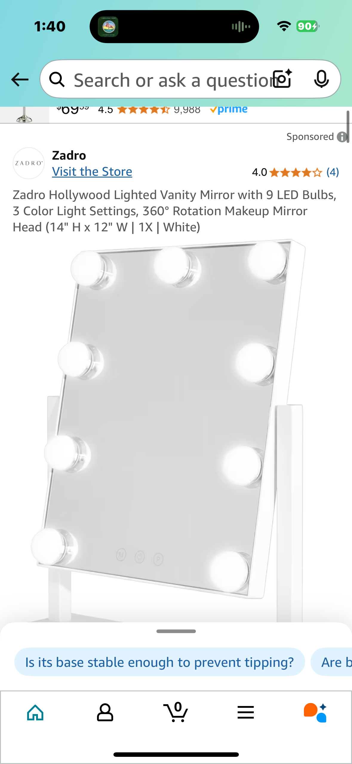 Zadro Hollywood Lighted Vanity Mirror with 9 LED Bulbs, 3 Color Light Settings, 360° Rotation Makeup Mirror Head (14" H x 12" W | 1X | White