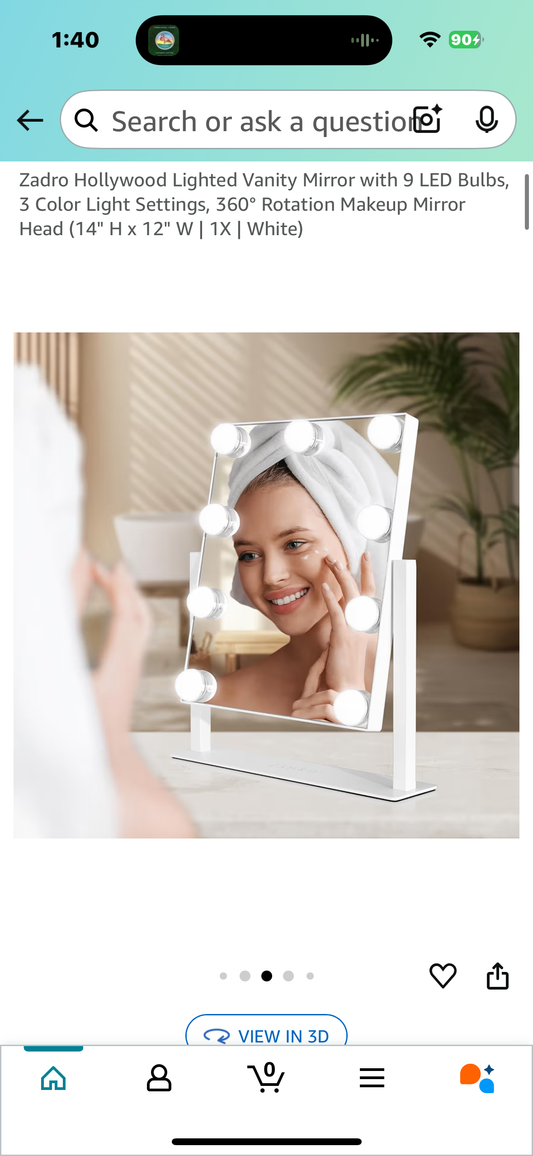 Zadro Hollywood Lighted Vanity Mirror with 9 LED Bulbs, 3 Color Light Settings, 360° Rotation Makeup Mirror Head (14" H x 12" W | 1X | White