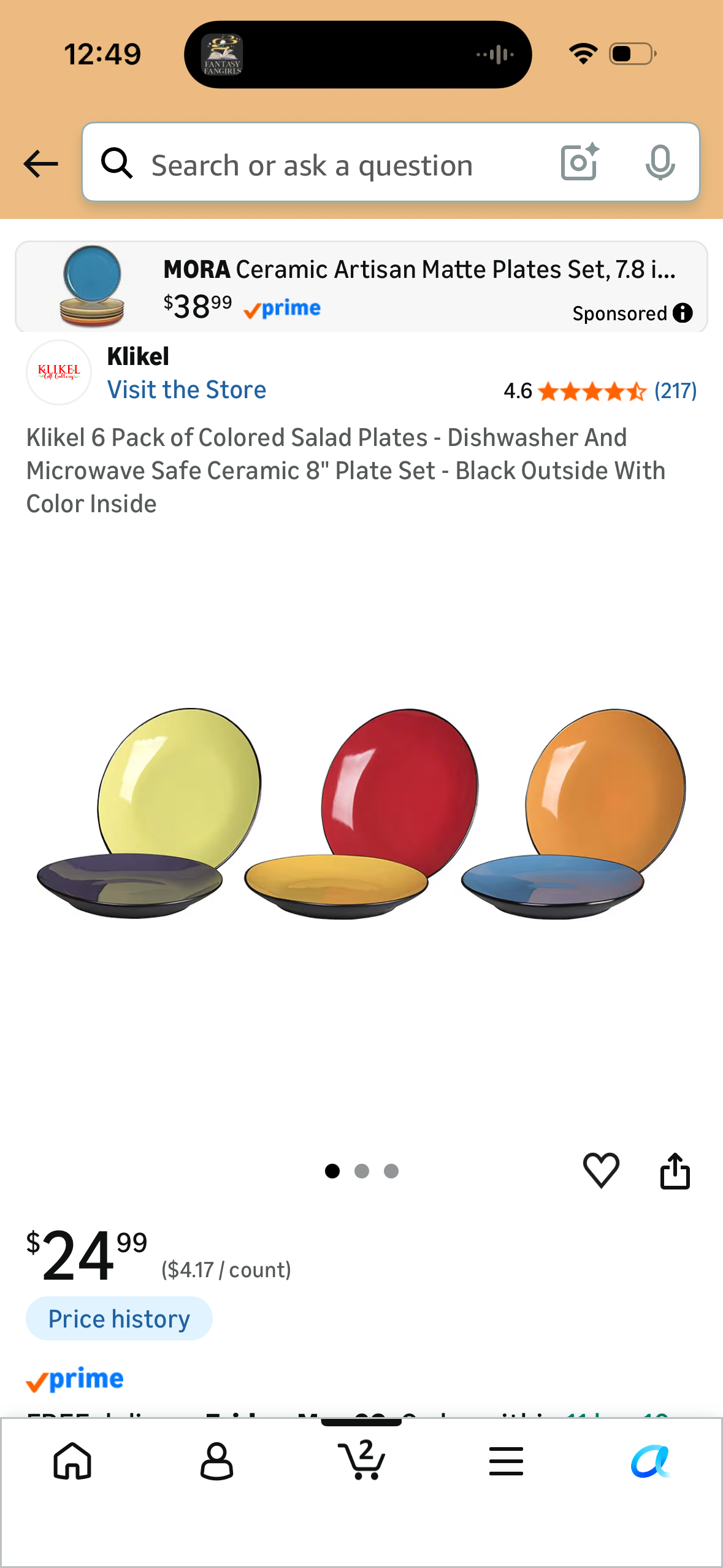 Klikel 6 Pack of Colored Salad Plates - Dishwasher And Microwave Safe Ceramic 8" Plate Set - Black Outside With Color Inside