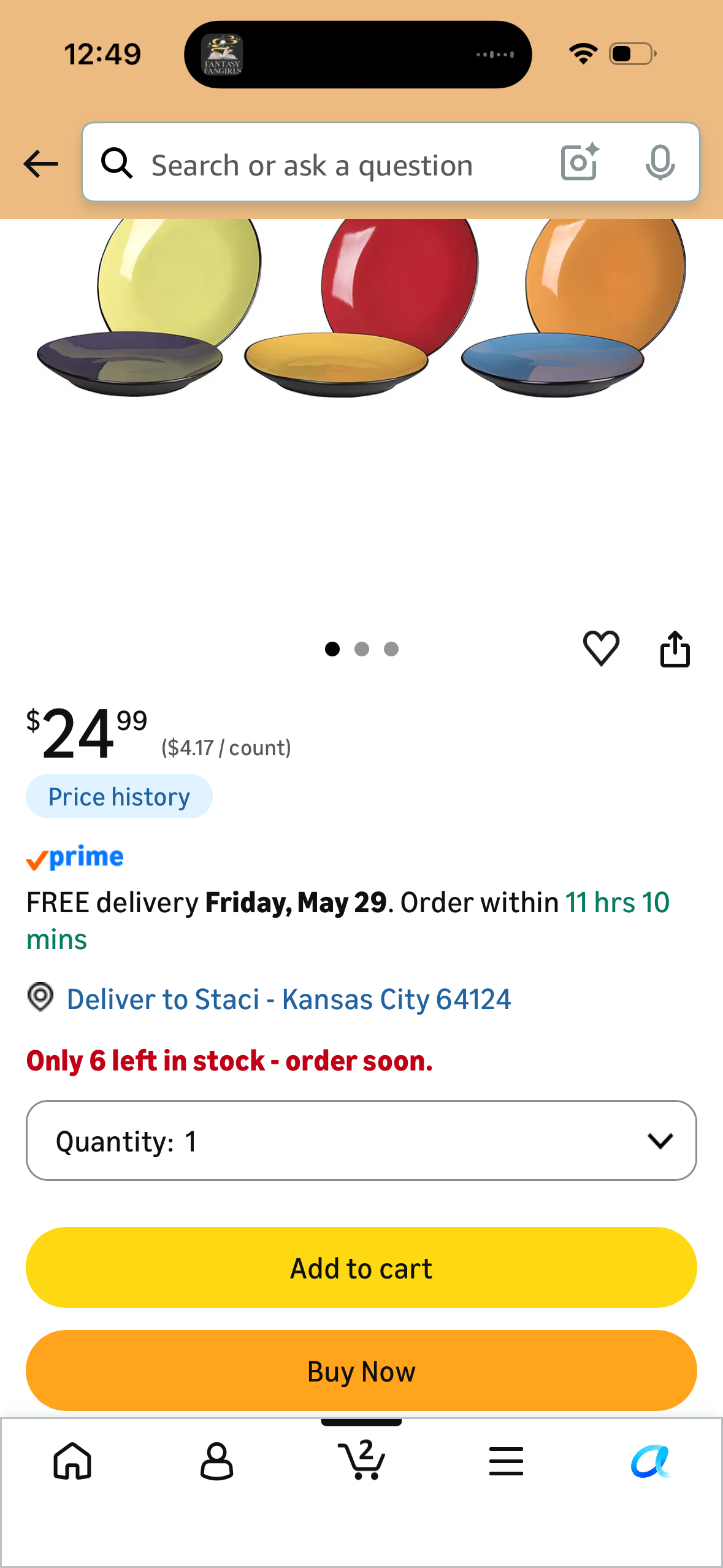 Klikel 6 Pack of Colored Salad Plates - Dishwasher And Microwave Safe Ceramic 8" Plate Set - Black Outside With Color Inside