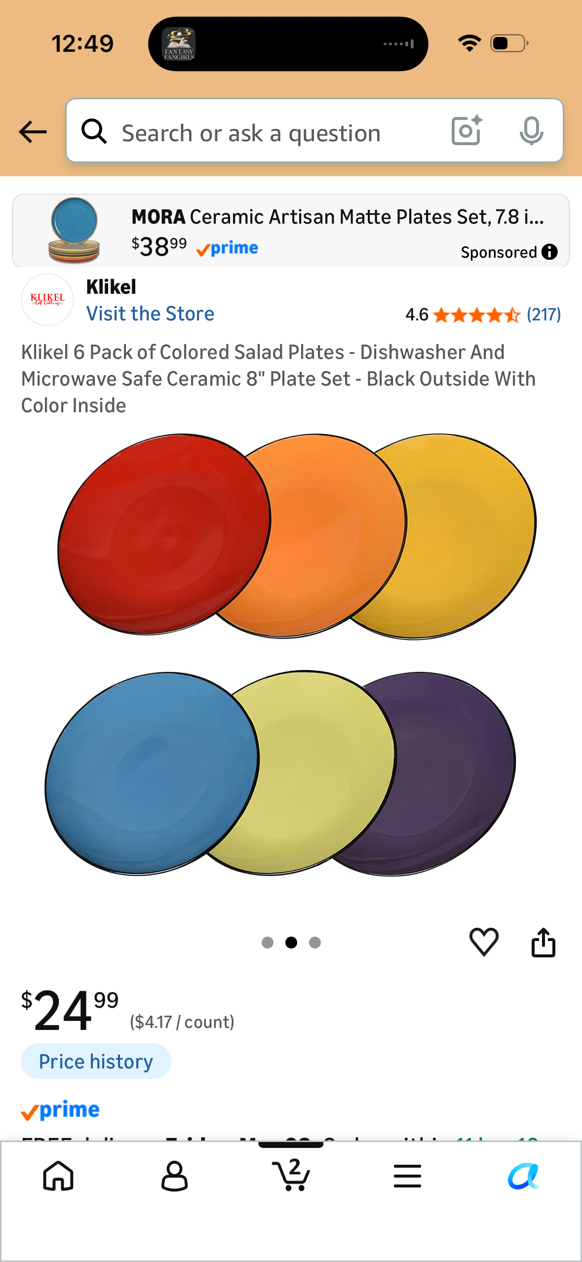 Klikel 6 Pack of Colored Salad Plates - Dishwasher And Microwave Safe Ceramic 8" Plate Set - Black Outside With Color Inside