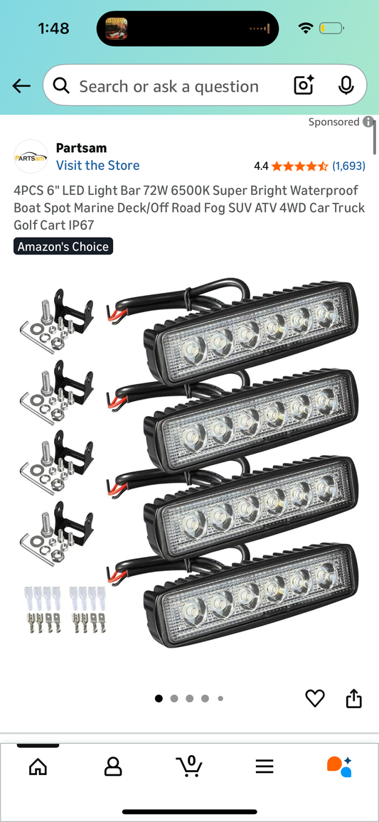 4PCS 6" LED Light Bar 72W 6500K Super Bright Waterproof Boat Spot Marine Deck/Off Road Fog SUV ATV 4WD Car Truck Golf Cart IP67