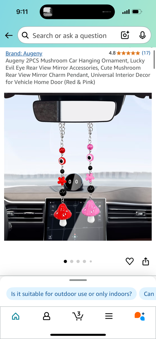 Augeny 2PCS Mushroom Car Hanging Ornament, Lucky Evil Eye Rear View Mirror Accessories, Cute Mushroom Rear View Mirror Charm Pendant, Universal Interior Decor for Vehicle Home Door (Red & Pink)