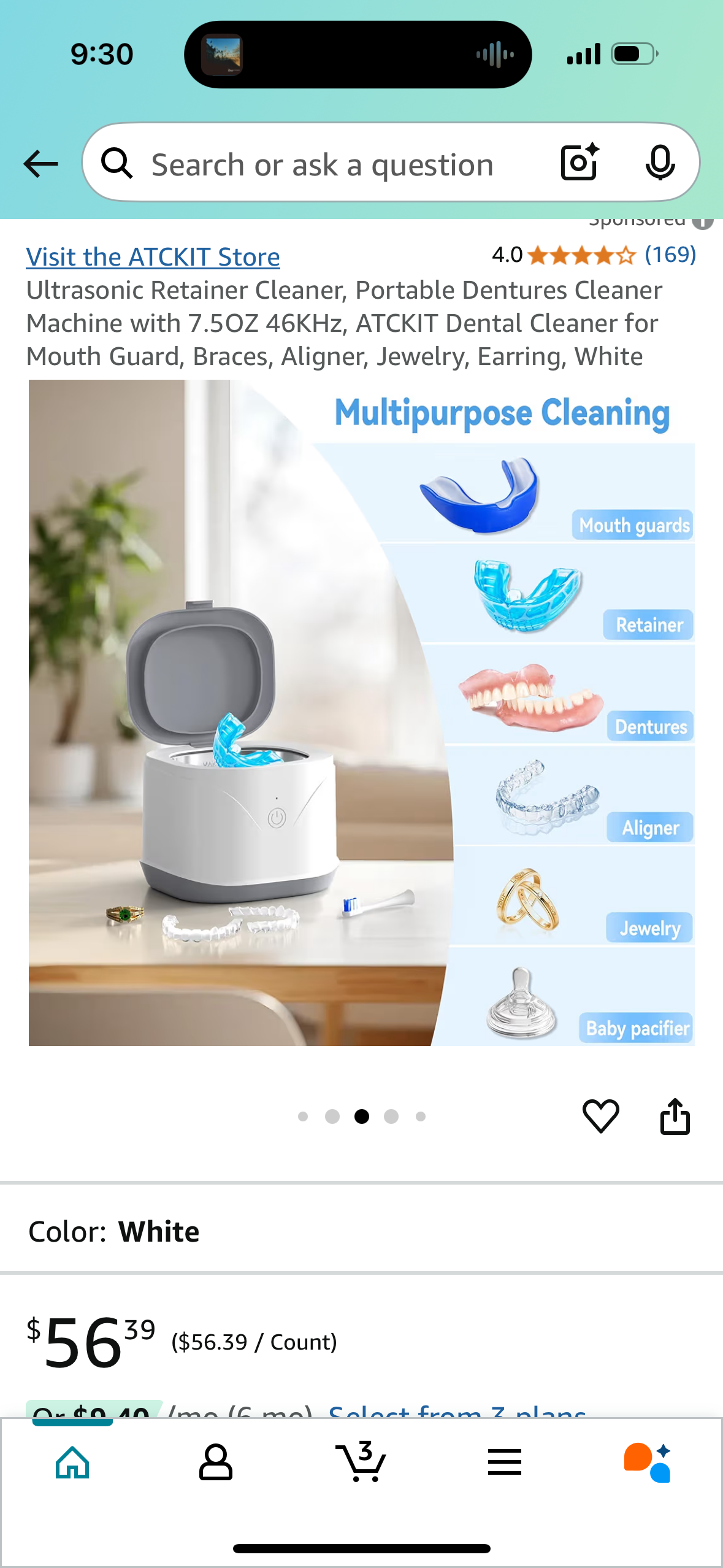 Ultrasonic Retainer Cleaner, Portable Dentures Cleaner Machine with 7.5OZ 46KHz, ATCKIT Dental Cleaner for Invisalign, Mouth Guard, Braces, Aligner, Jewelry, Earring, White