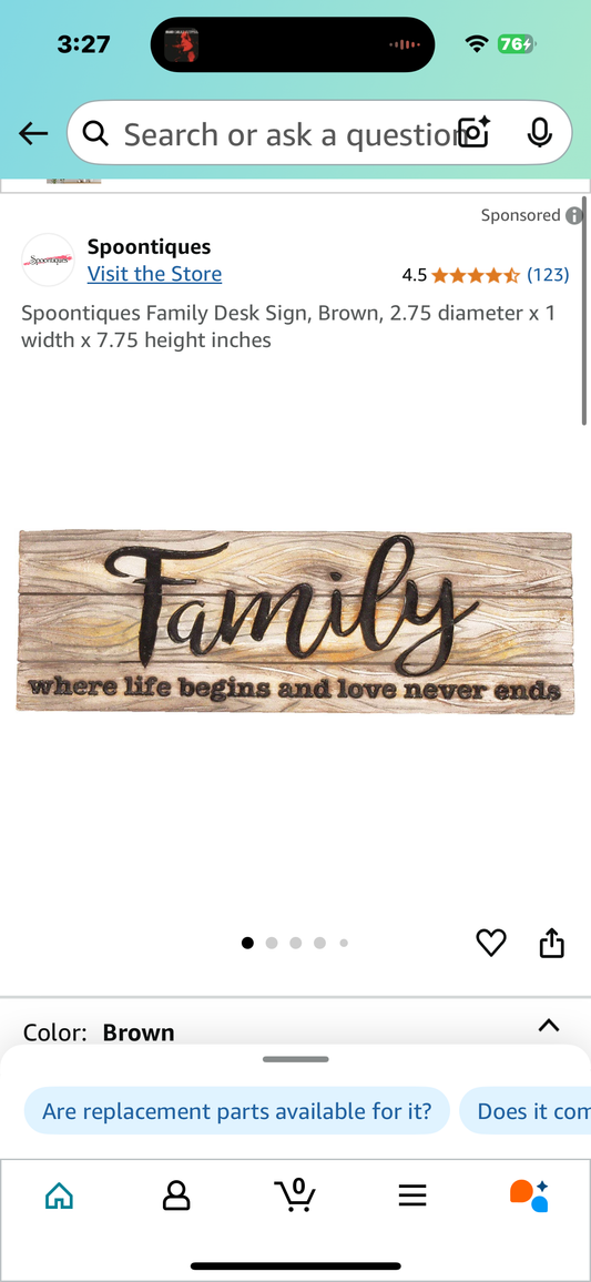 Spoontiques Family Desk Sign, Brown, 2.75 diameter x 1 width x 7.75 height inches