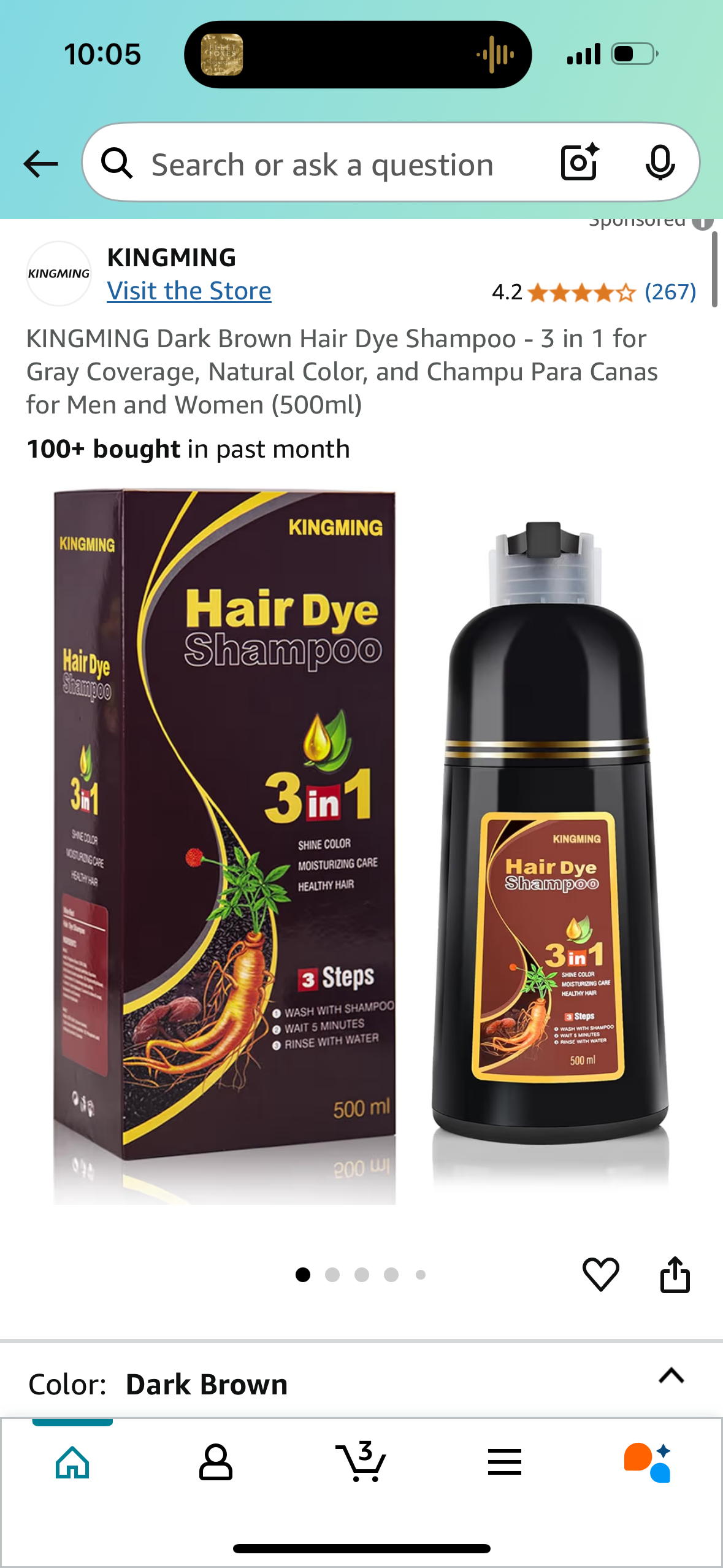 KINGMING Dark Brown Hair Dye Shampoo - 3 in 1 for Gray Coverage, Natural Color, and Champu Para Canas for Men and Women (500ml)