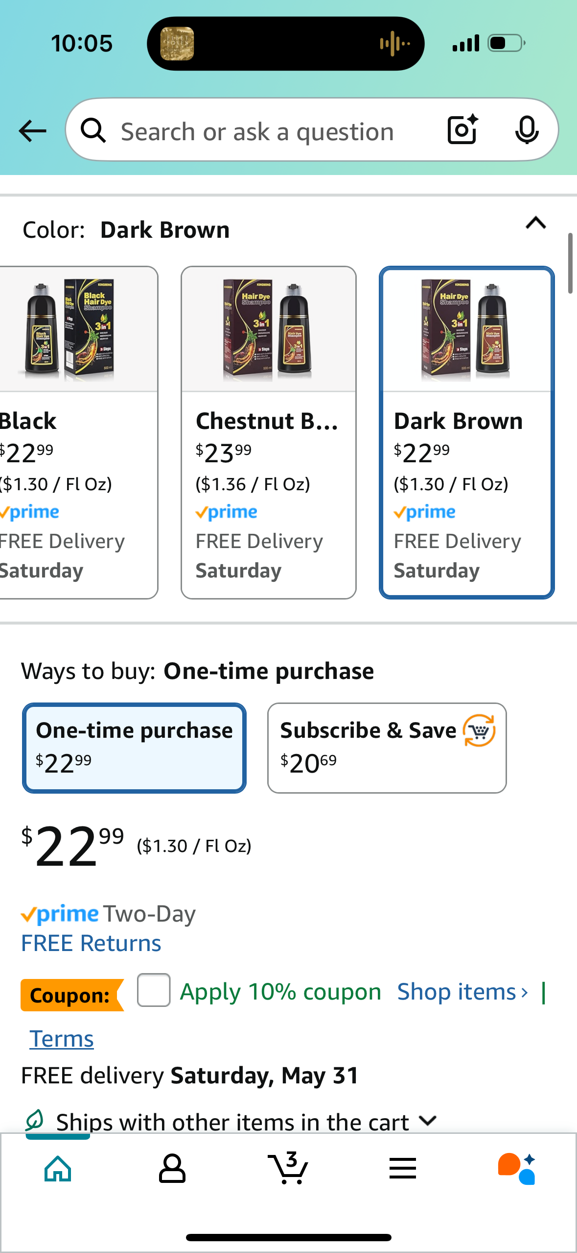 KINGMING Dark Brown Hair Dye Shampoo - 3 in 1 for Gray Coverage, Natural Color, and Champu Para Canas for Men and Women (500ml)