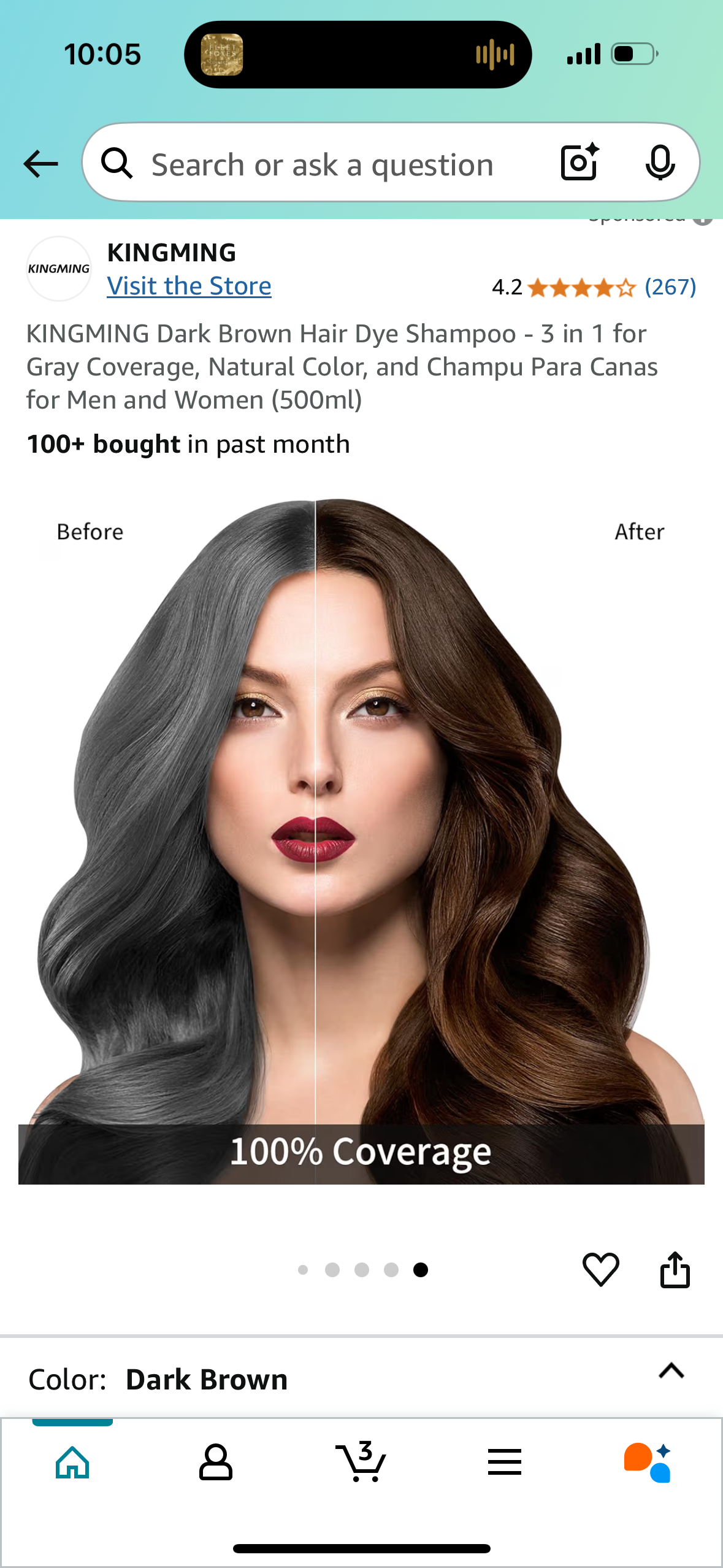 KINGMING Dark Brown Hair Dye Shampoo - 3 in 1 for Gray Coverage, Natural Color, and Champu Para Canas for Men and Women (500ml)