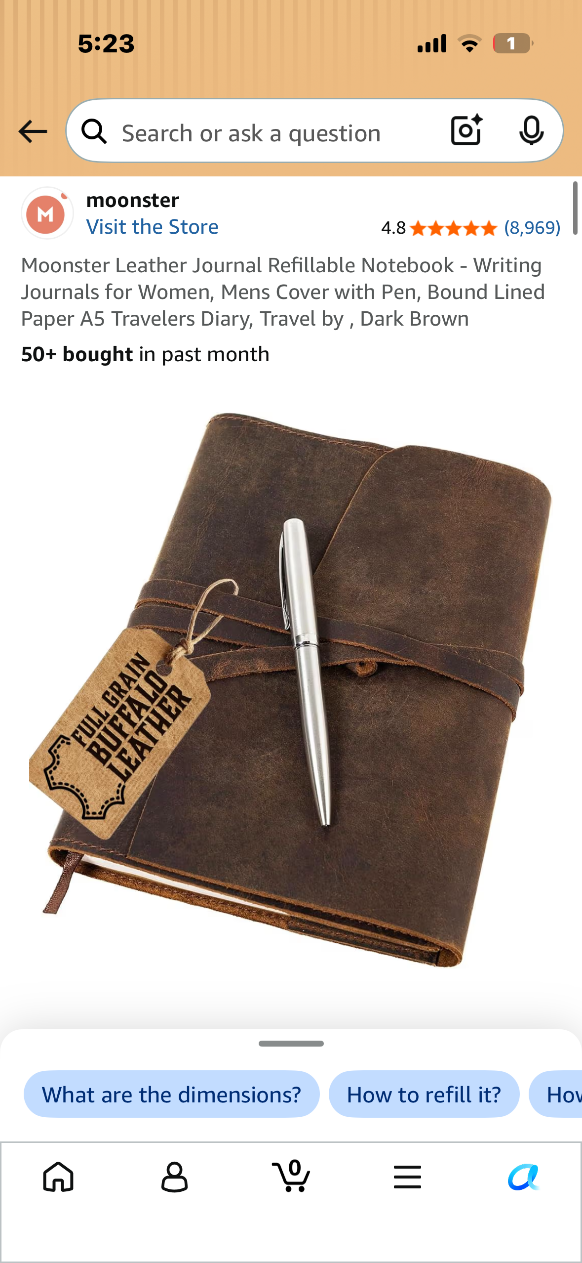 Moonster Leather Journal Refillable Notebook - Writing Journals for Women, Mens Cover with Pen, Bound Lined Paper A5 Travelers Diary, Travel by , Dark Brown