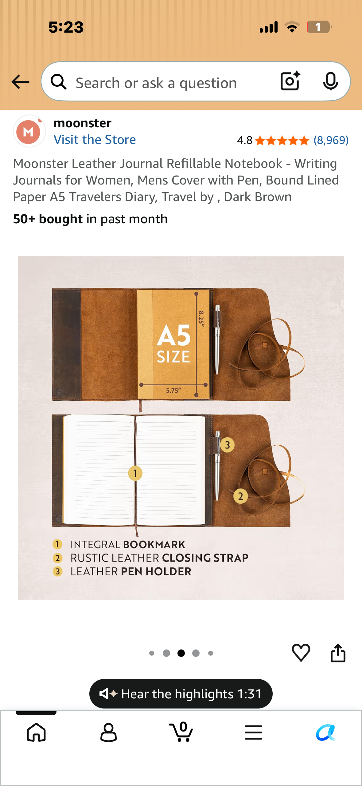 Moonster Leather Journal Refillable Notebook - Writing Journals for Women, Mens Cover with Pen, Bound Lined Paper A5 Travelers Diary, Travel by , Dark Brown
