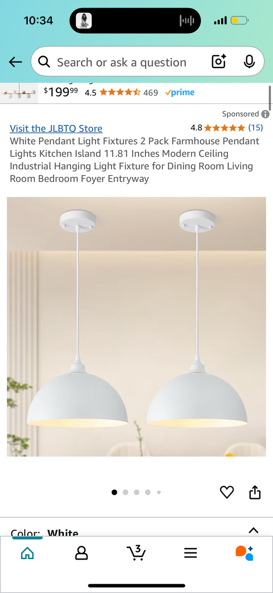 White Pendant Light Fixture *1 PACK*