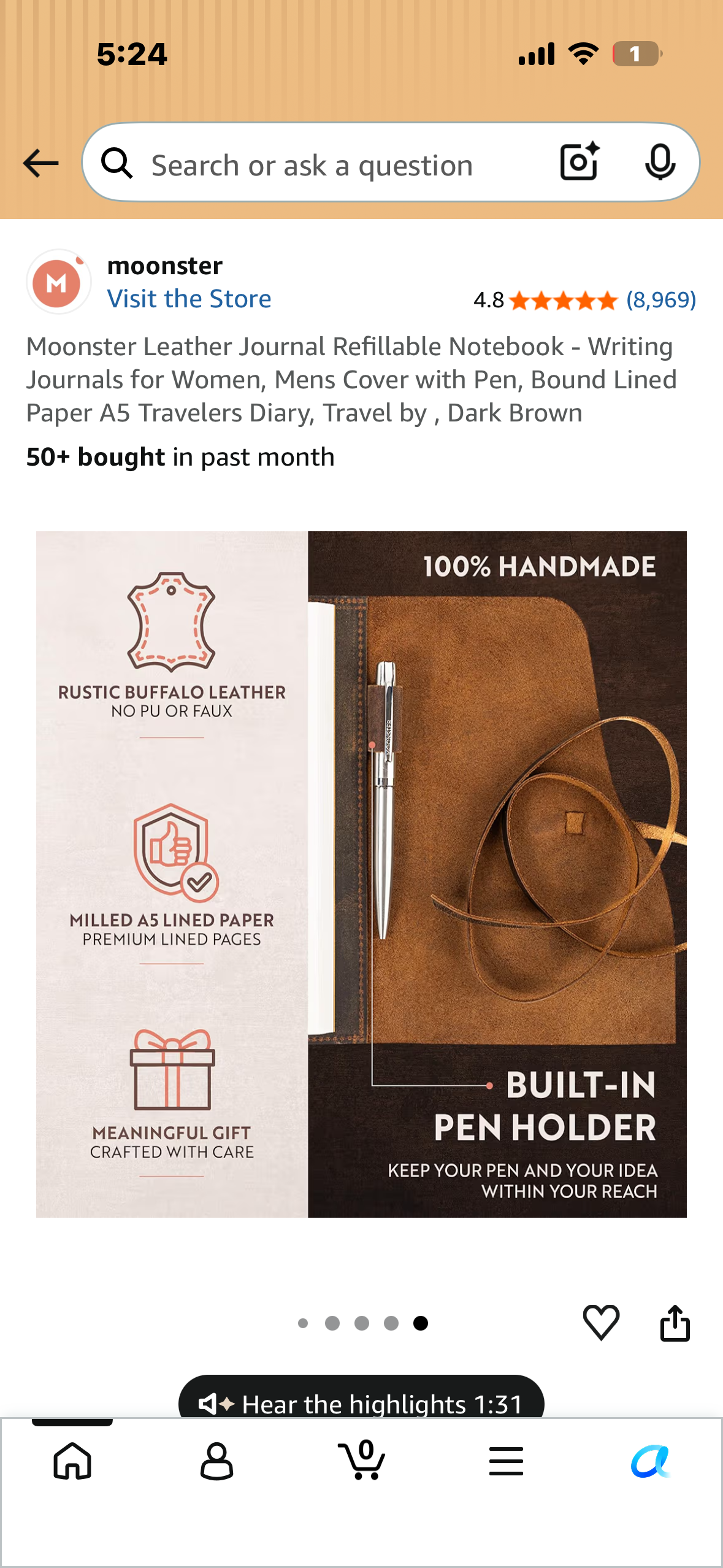 Moonster Leather Journal Refillable Notebook - Writing Journals for Women, Mens Cover with Pen, Bound Lined Paper A5 Travelers Diary, Travel by , Dark Brown