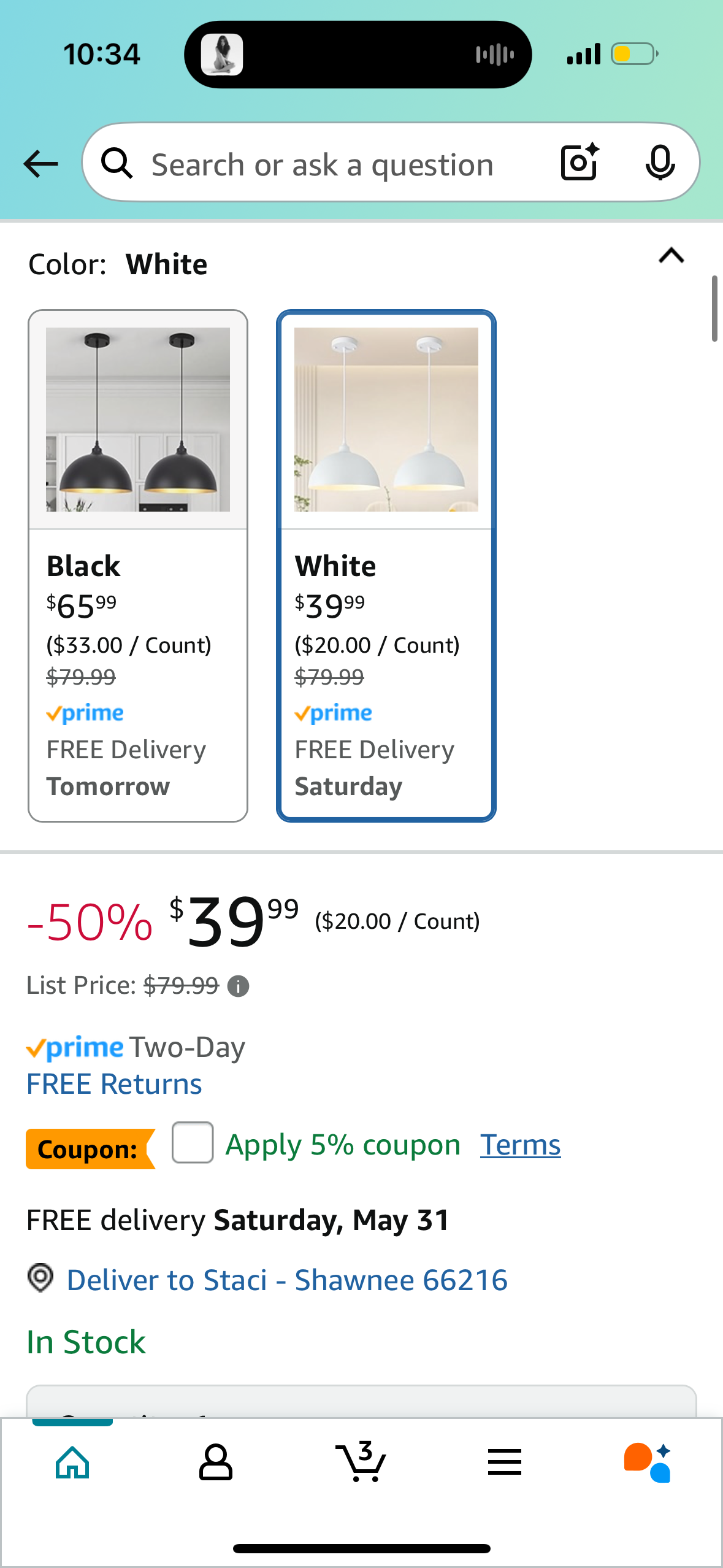 White Pendant Light Fixture *1 PACK*