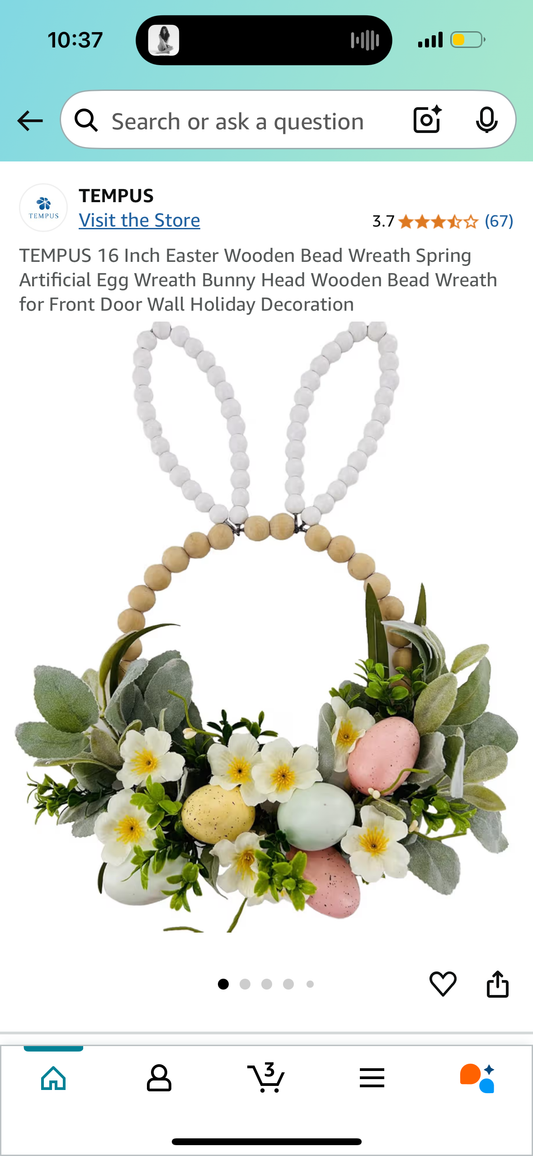 TEMPUS 16 Inch Easter Wooden Bead Wreath Spring Artificial Egg Wreath Bunny Head Wooden Bead Wreath for Front Door Wall Holiday Decoration
