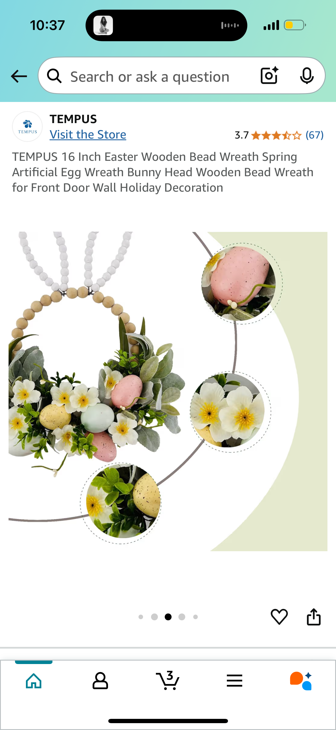 TEMPUS 16 Inch Easter Wooden Bead Wreath Spring Artificial Egg Wreath Bunny Head Wooden Bead Wreath for Front Door Wall Holiday Decoration