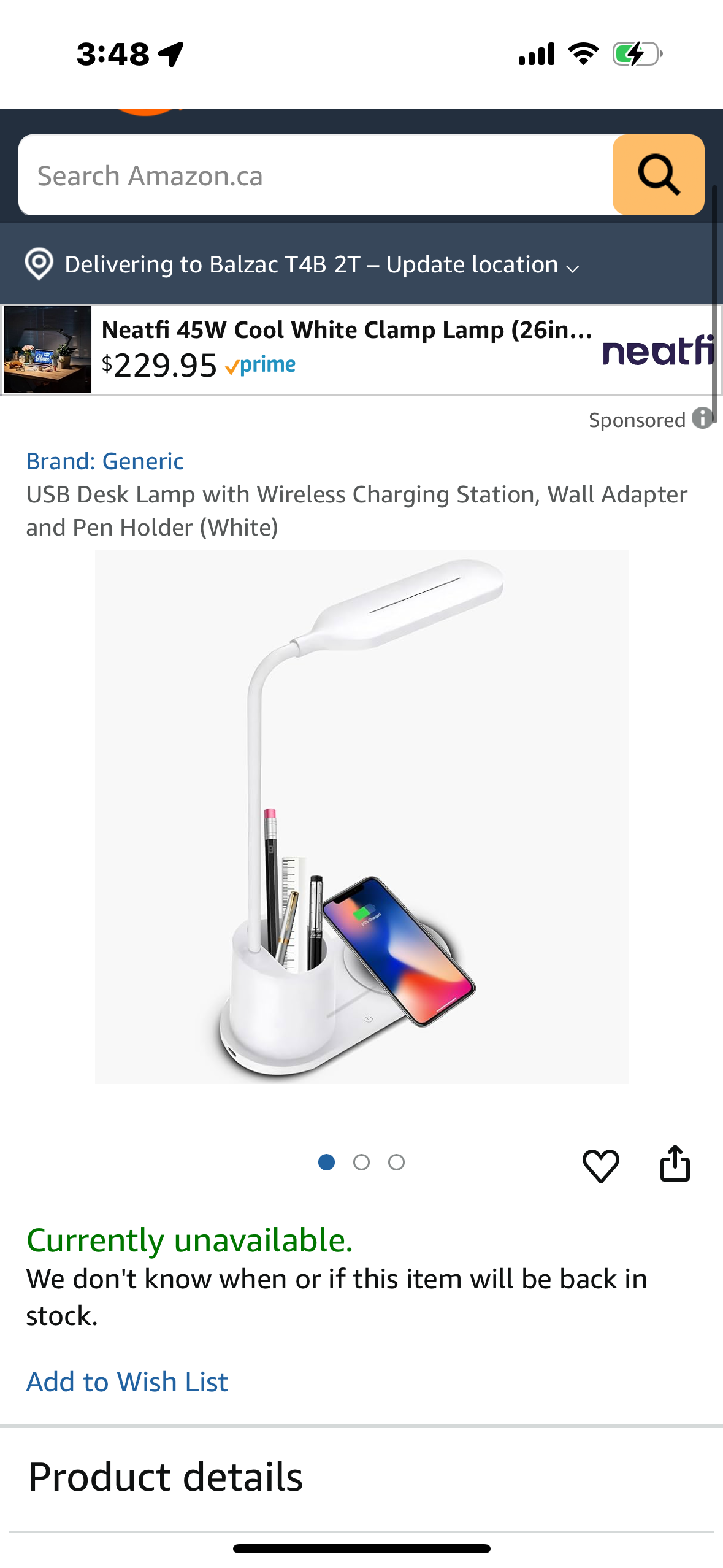 USB Desk Lamp with Wireless Charging Station, Wall Adapter and Pen Holder (White)