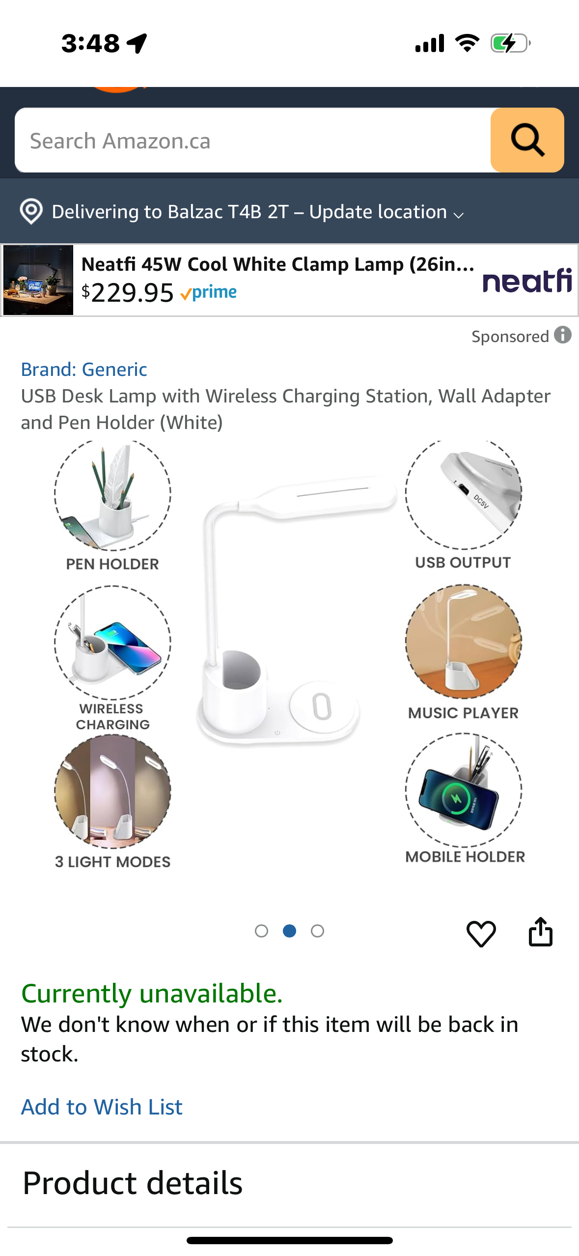 USB Desk Lamp with Wireless Charging Station, Wall Adapter and Pen Holder (White)