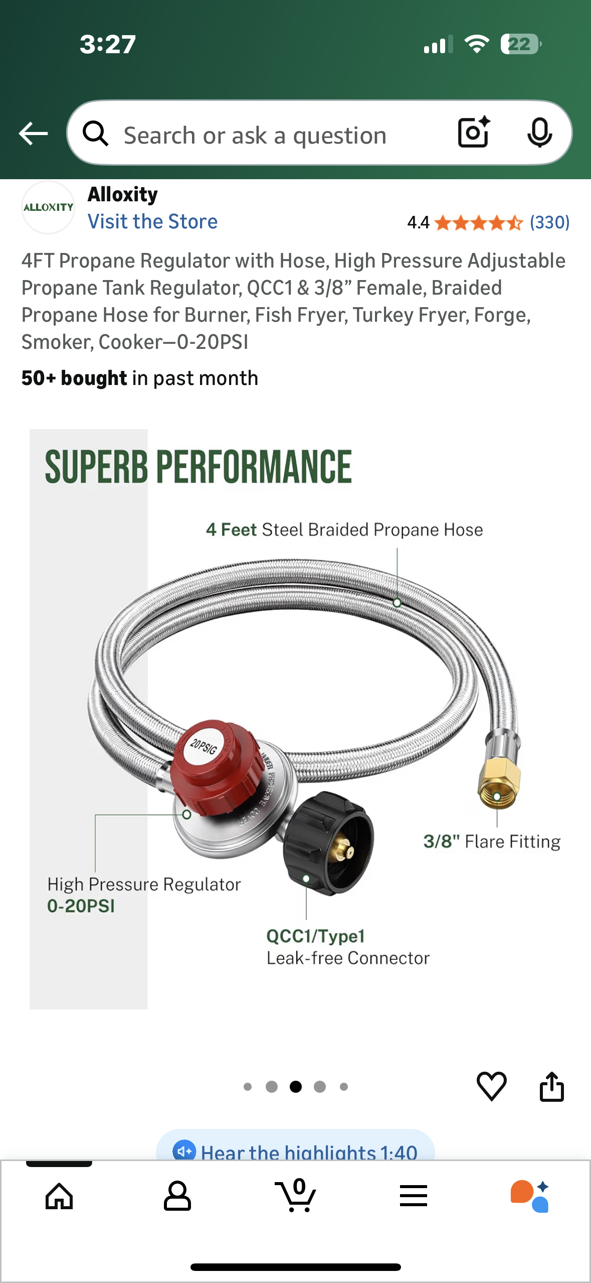 4FT Propane Regulator with Hose, High Pressure Adjustable Propane Tank Regulator, QCC1 & 3/8” Female, Braided Propane Hose for Burner, Fish Fryer, Turkey Fryer, Forge, Smoker, Cooker