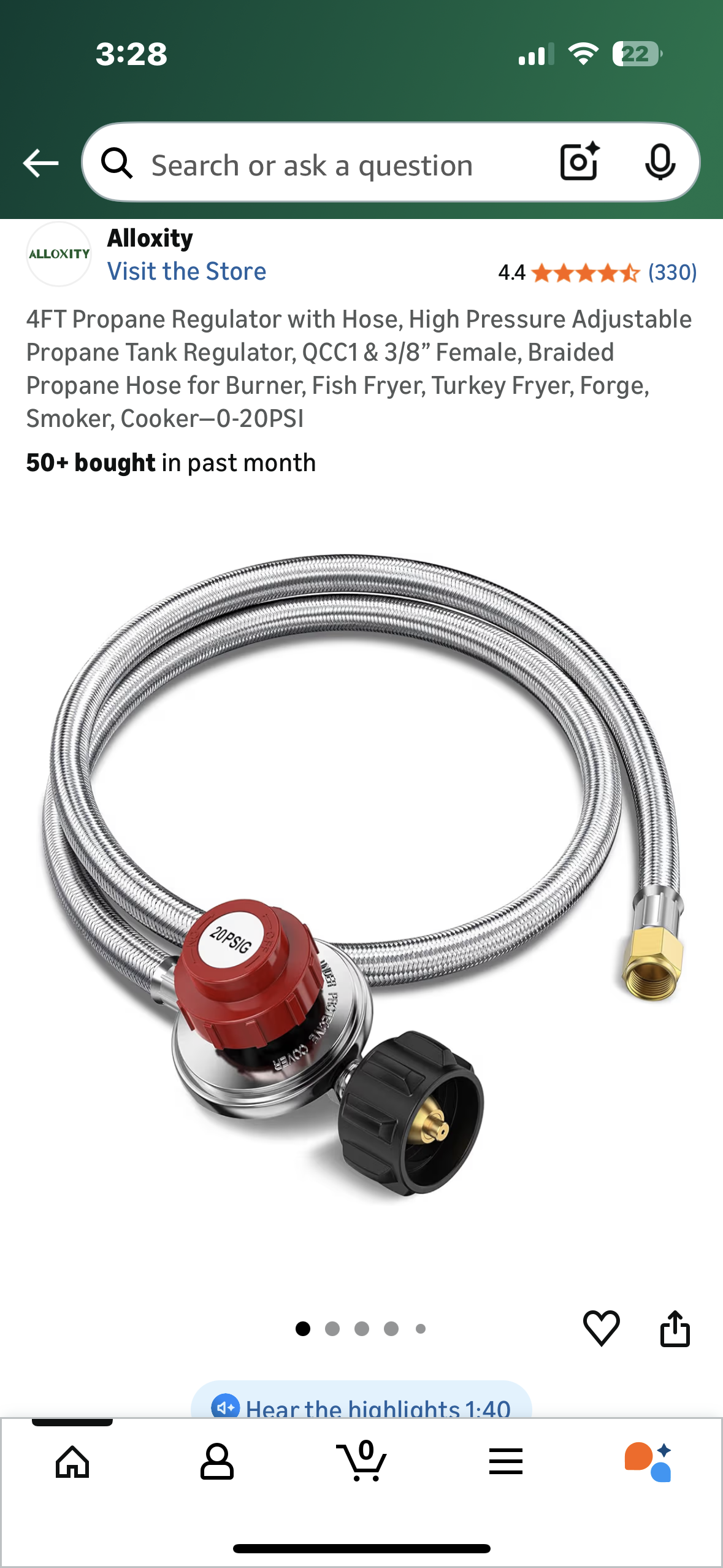 4FT Propane Regulator with Hose, High Pressure Adjustable Propane Tank Regulator, QCC1 & 3/8” Female, Braided Propane Hose for Burner, Fish Fryer, Turkey Fryer, Forge, Smoker, Cooker