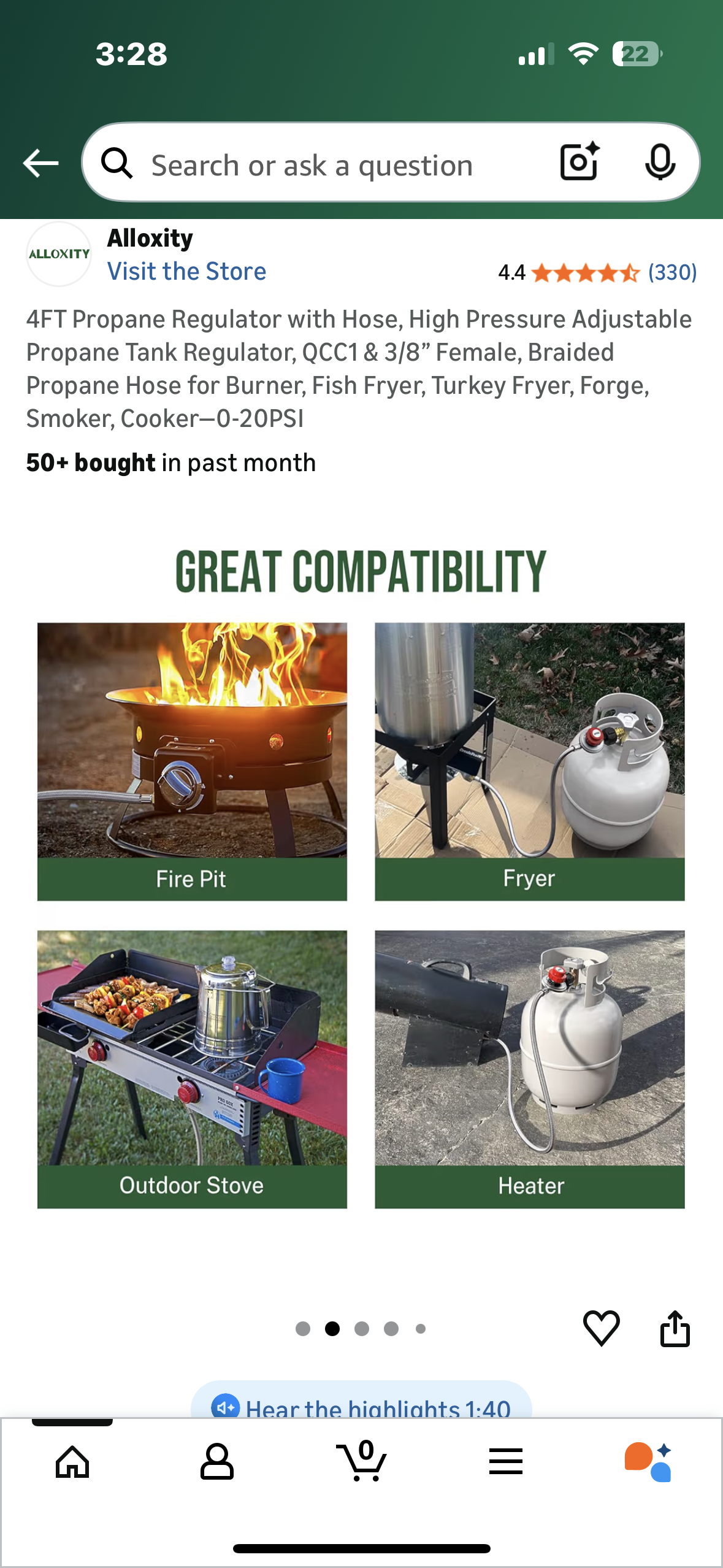 4FT Propane Regulator with Hose, High Pressure Adjustable Propane Tank Regulator, QCC1 & 3/8” Female, Braided Propane Hose for Burner, Fish Fryer, Turkey Fryer, Forge, Smoker, Cooker