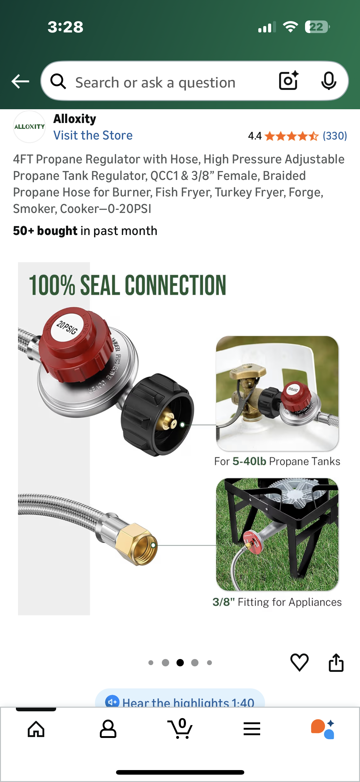 4FT Propane Regulator with Hose, High Pressure Adjustable Propane Tank Regulator, QCC1 & 3/8” Female, Braided Propane Hose for Burner, Fish Fryer, Turkey Fryer, Forge, Smoker, Cooker
