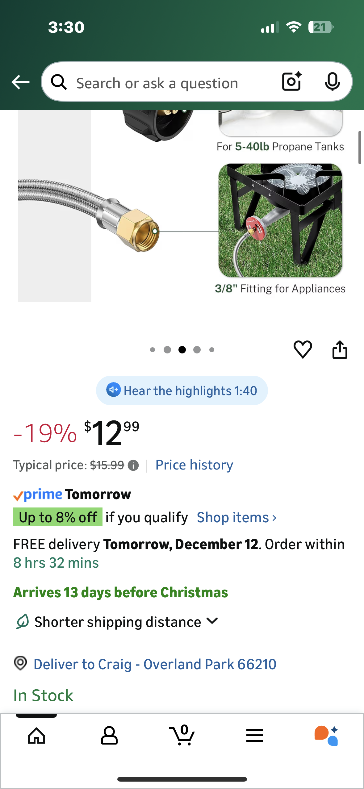 4FT Propane Regulator with Hose, High Pressure Adjustable Propane Tank Regulator, QCC1 & 3/8” Female, Braided Propane Hose for Burner, Fish Fryer, Turkey Fryer, Forge, Smoker, Cooker