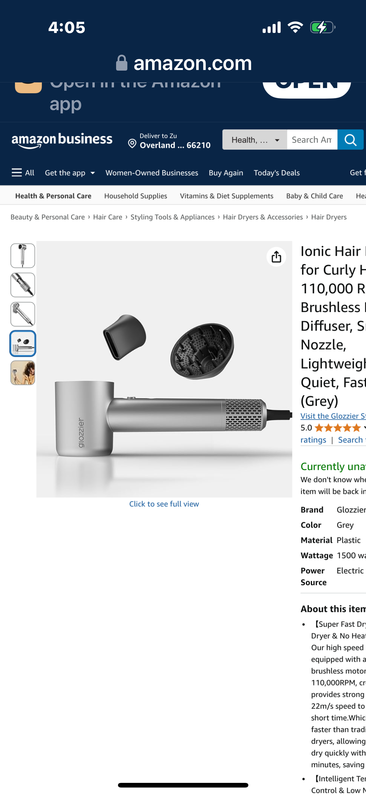 Glozzier Ionic Hair Dryer for Curly Hair, 110,000 RPM Brushless Motor, Diffuser, Smooth Nozzle, Lightweight & Quiet, Fast Dry (Grey)