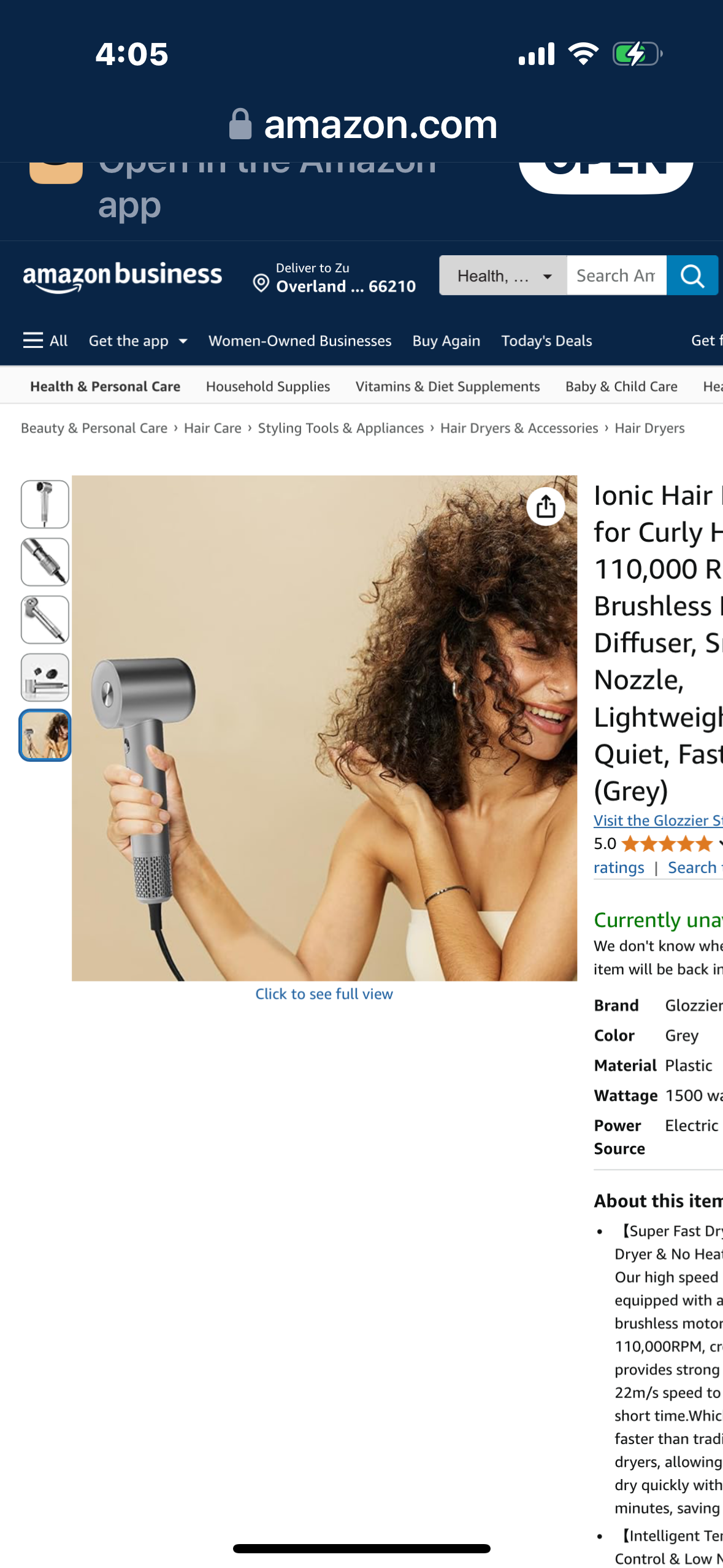Glozzier Ionic Hair Dryer for Curly Hair, 110,000 RPM Brushless Motor, Diffuser, Smooth Nozzle, Lightweight & Quiet, Fast Dry (Grey)